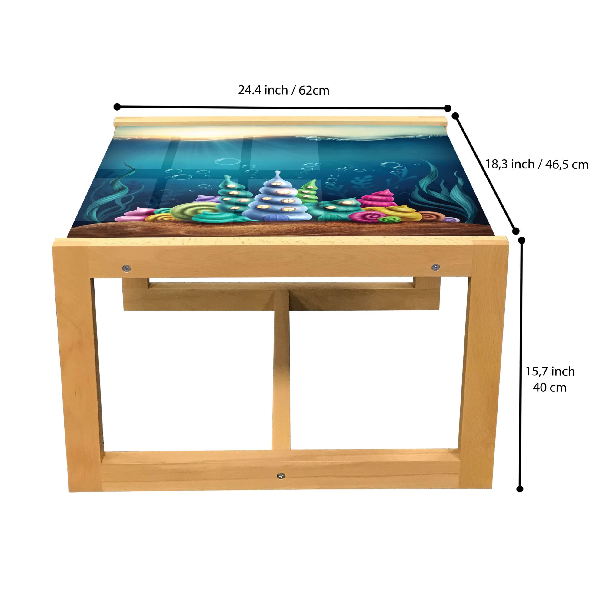 Ambesonne Ocean Themed Coffee Table - Underwater Fantasy Kingdom with Shell Houses & Water Bubbles Cartoon Print, Acrylic Glass Top with Wooden Frame, Small Teal Brown - Perfect for Offices, Dorms, Living Rooms & Coastal Decor