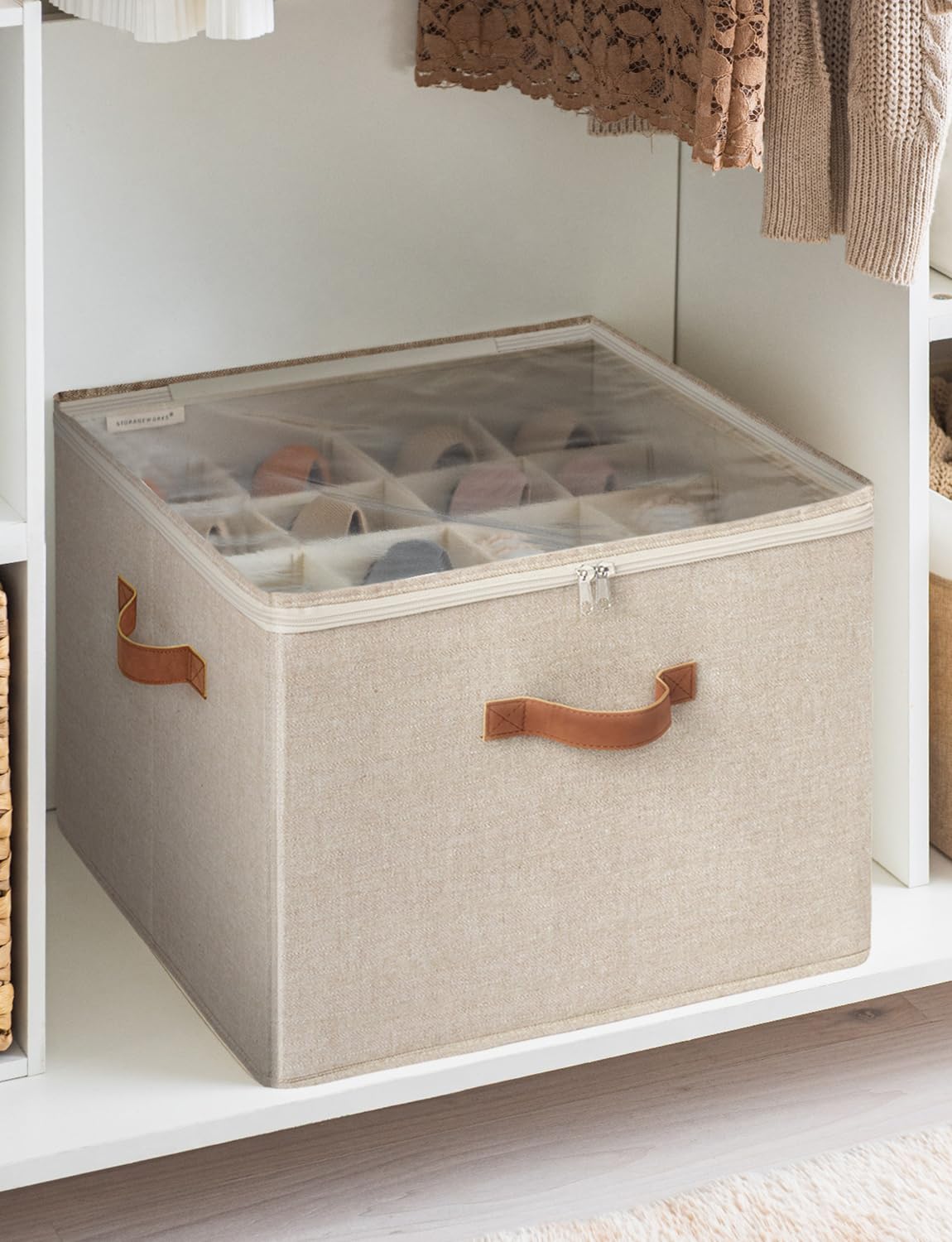 StorageWorks 16-Pair Shoe Organizer for Closet - Adjustable Dividers & Clear Cover - Brown & Beige Shoe Cubby Storage - Perfect for Bedroom, Entryway, or Dorm Organization