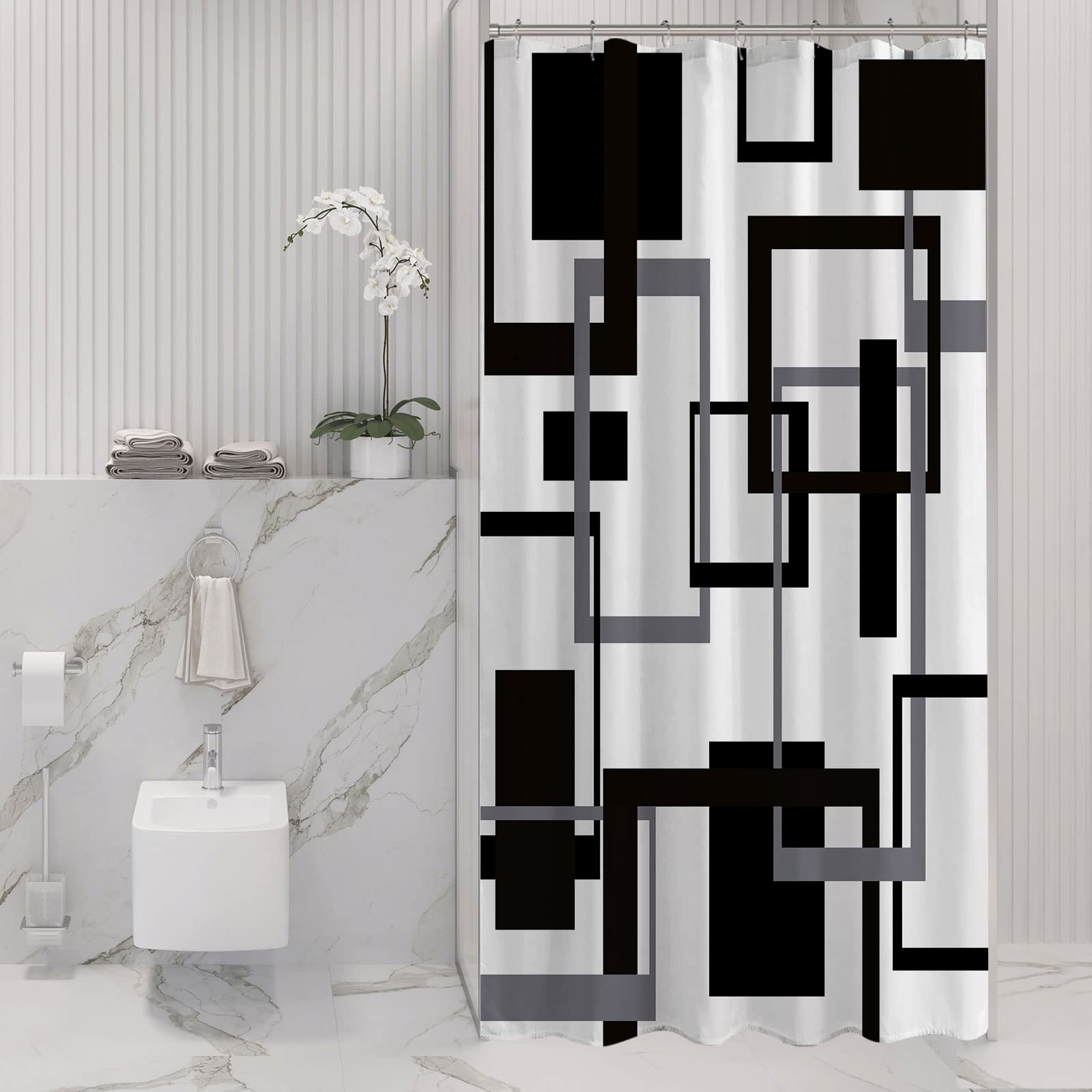 Gibelle Small Stall Shower Curtain 36 x 72 Inches - Narrow Half Grey Black & White Waterproof Fabric Bathroom Shower Curtain Set with Hooks | Mid Century Modern Abstract Geometric Design for Bath, Tub, and Small Space Showers