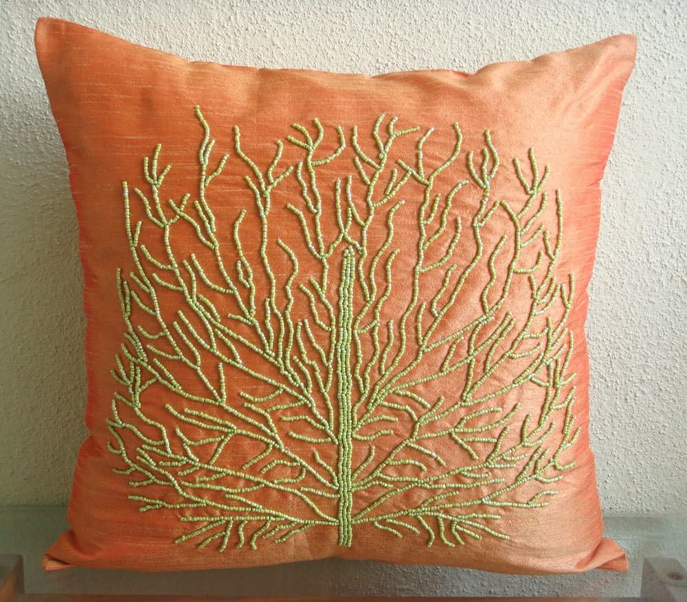 HomeCentric 14x14 Inch (35x35 cm) Square Silk Throw Pillow Cover - Orange Beaded Green Tree Floral Contemporary Design for Sofa, Bed & Home Decor | Money Tree Pattern