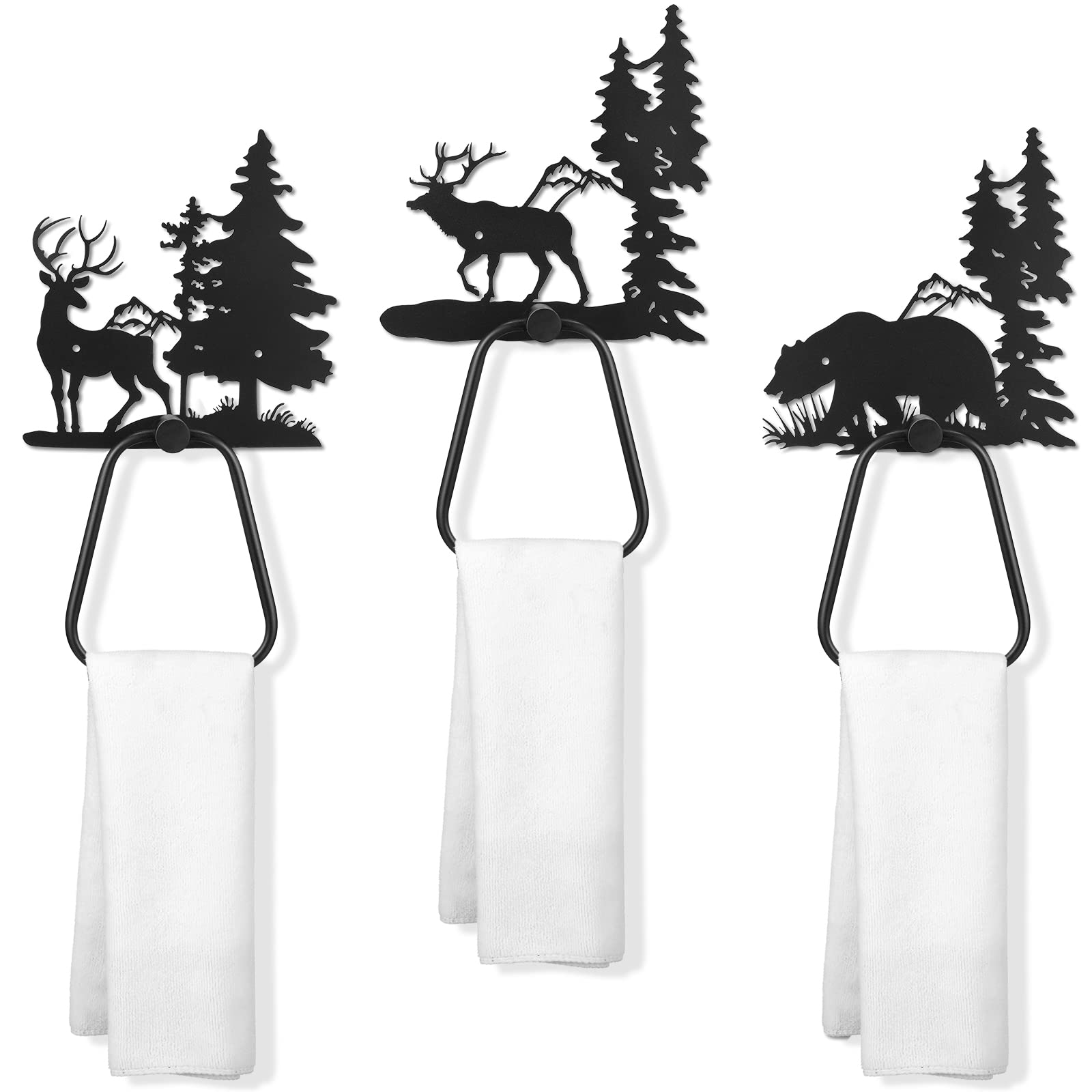Peryiter 3-Piece Bear Towel Holder Set - Rustic Farmhouse Bathroom Decor, Black Deer Towel Ring Rack for Kitchen & Bathroom - Perfect Wall Mounted Hand Towel Holder for Summer Home Decor & Housewarming Gifts