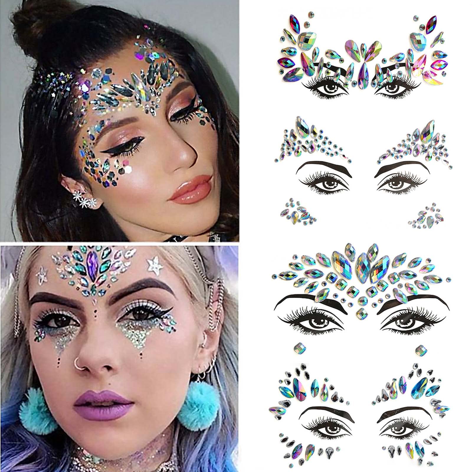 4 PCS Mermaid Face Gems Glitter - Rhinestone Rave Festival Face Stickers, Crystal Body Jewels for Eyes & Cheeks - Waterproof Temporary Tattoos for Parties, Halloween & Cosplay