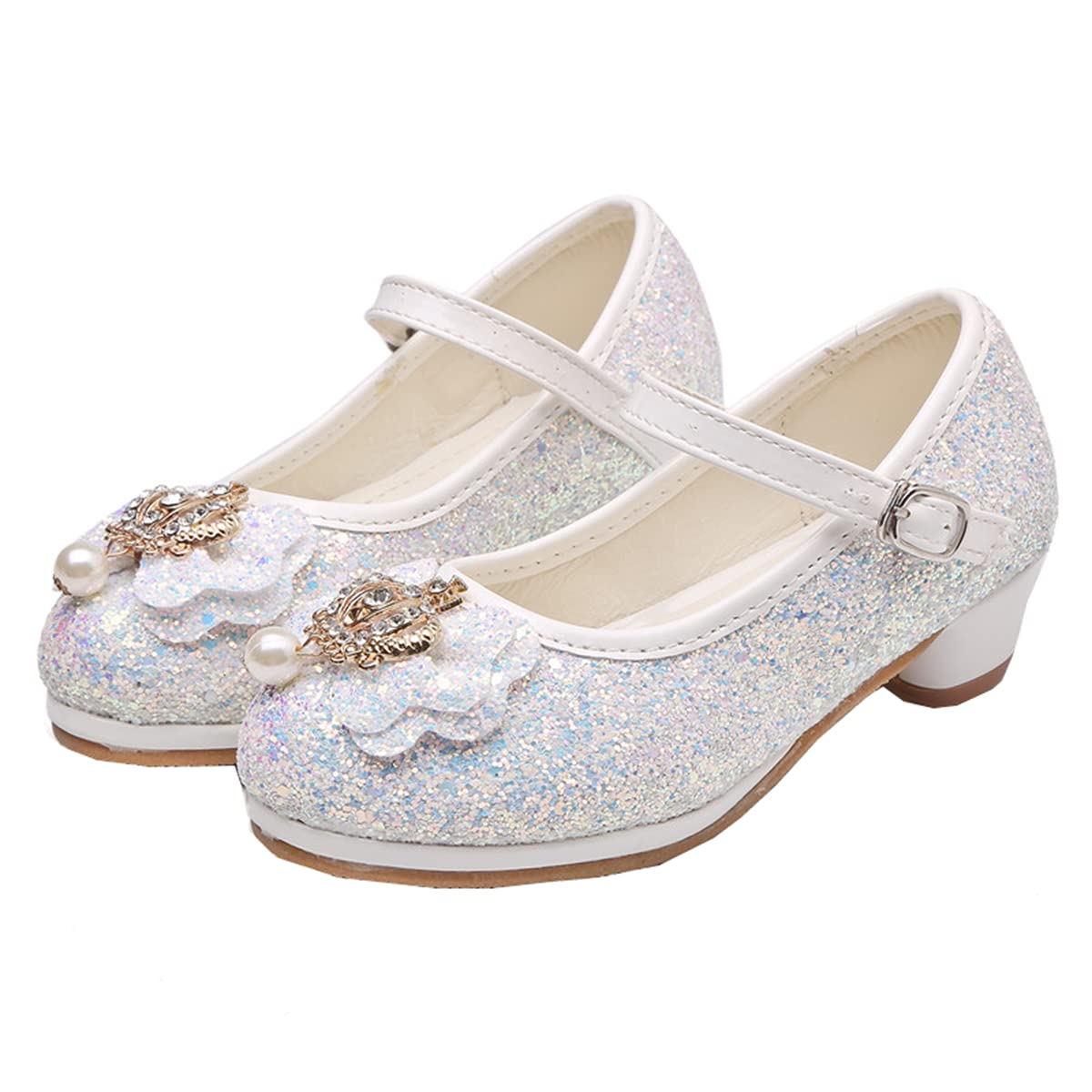 JOEupin Girls Glitter Mary Jane Dress Shoes - Flower Wedding Bridesmaid Heels for Toddlers & Kids | Princess Party Shoes for Special Occasions