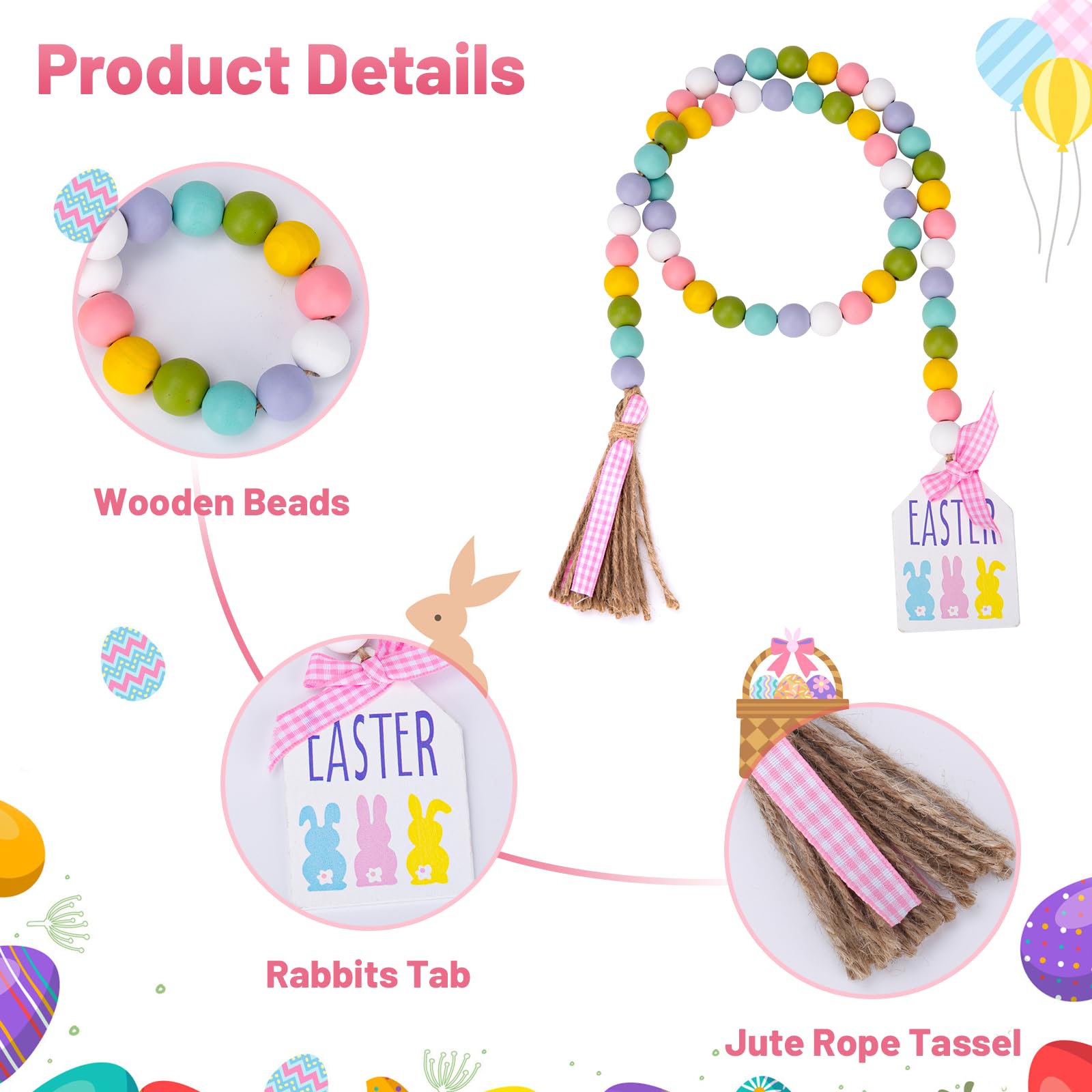 Easter Wood Bead Garland - 38.6 Inch Spring Wooden Beads with Tassel, Boho Farmhouse Rustic Hanging Decor for Home, Wall, Tiered Tray & Shelf - Perfect for Easter Bunny Decorations, Spring Parties & Farmhouse Style Room Decor