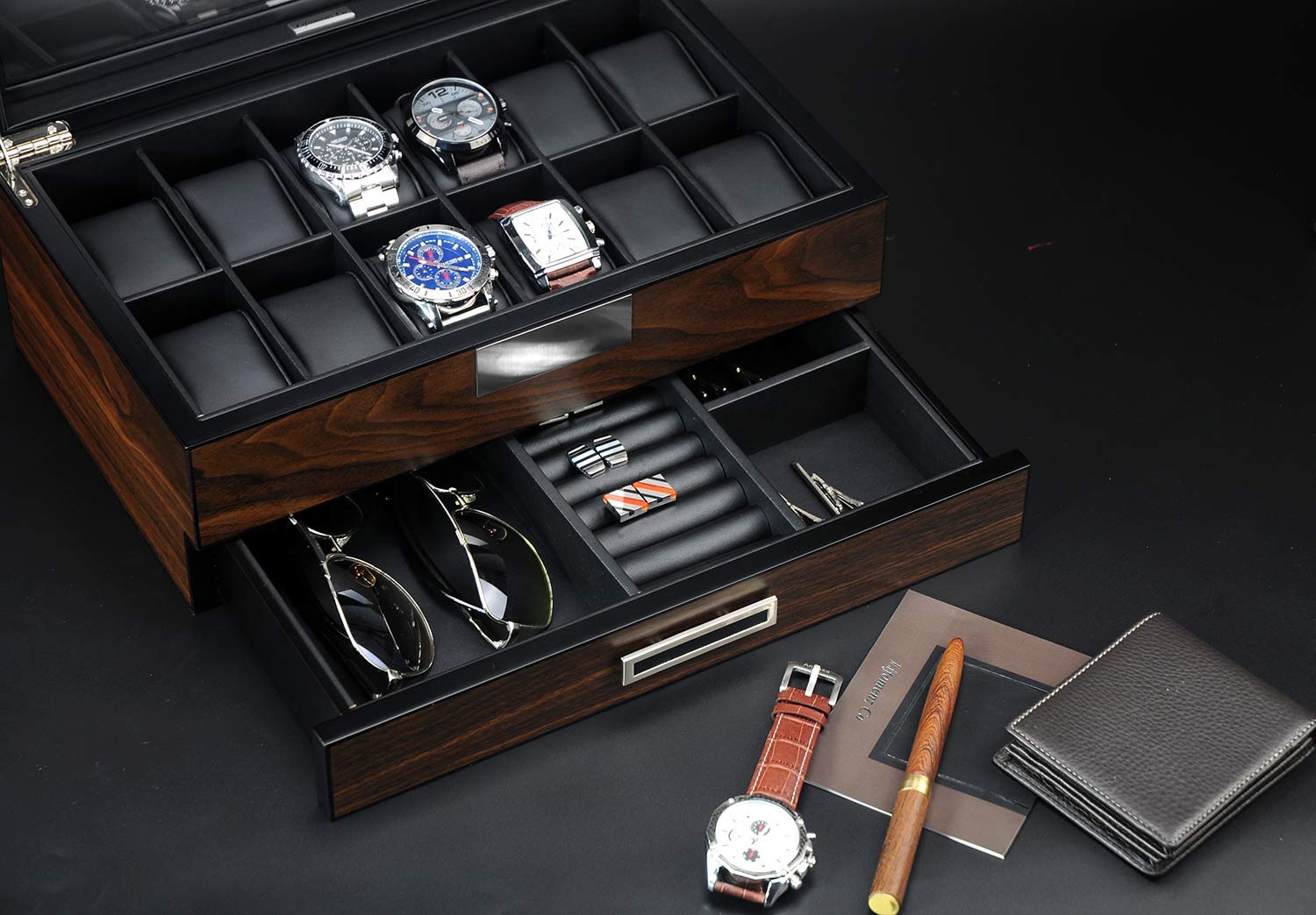 Premium Wooden Watch Box for Men - 12 Slot Watch Display Case with Valet Drawer & Glass Top - Luxury Watch Organizer for Jewelry & Accessories - Perfect for Home, Office & Travel Storage