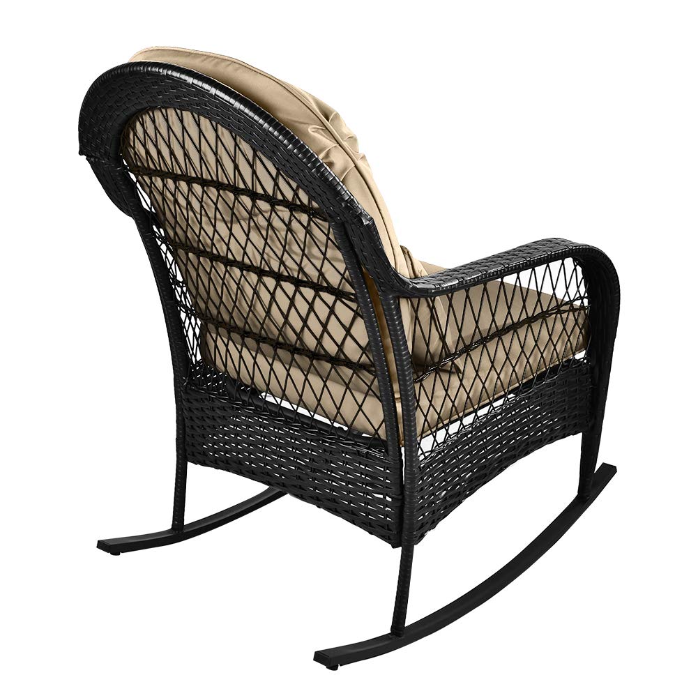 All-Weather Wicker Rocking Chair for Outdoor Use - Patio, Garden, Porch, Balcony & Backyard Furniture with Comfortable Cushions (1PC, Khaki) - Perfect for Relaxing, Sunbathing & Reading in Your Outdoor Space