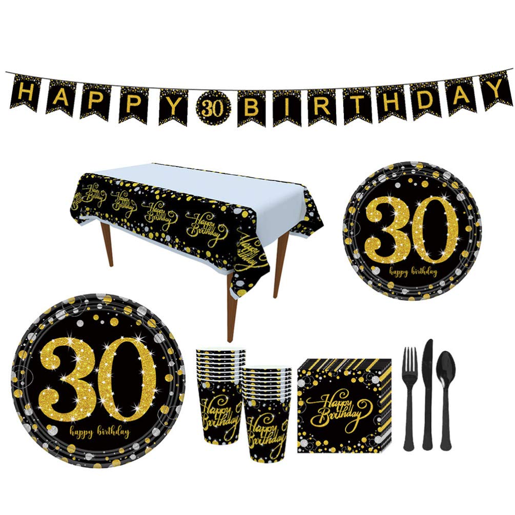 Amosfun 30th Birthday Party Supplies Kit - 114Pcs Disposable Paper Plates, Napkins, Cups, Tablecover, Forks & Banner Set for 30 Years Old Birthday Decorations | Perfect for Adult Birthday Parties, Milestone Celebrations & Surprise Gifts