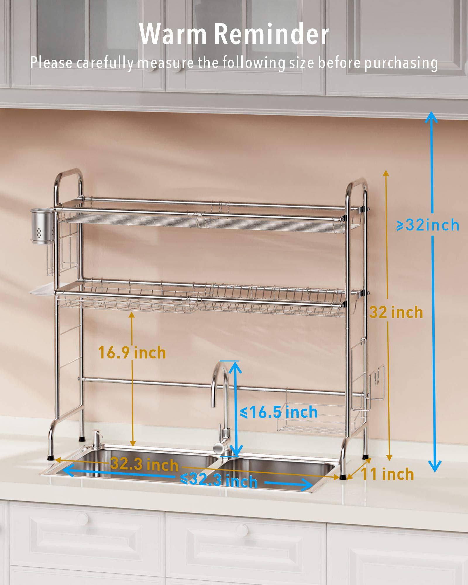 2-Tier Stainless Steel Over The Sink Dish Drying Rack with Utensil Holder Hooks - Large Kitchen Organizer & Above Sink Dish Drainer (Silver) - Perfect for Small Kitchens, Apartments, and Countertop Space Saving
