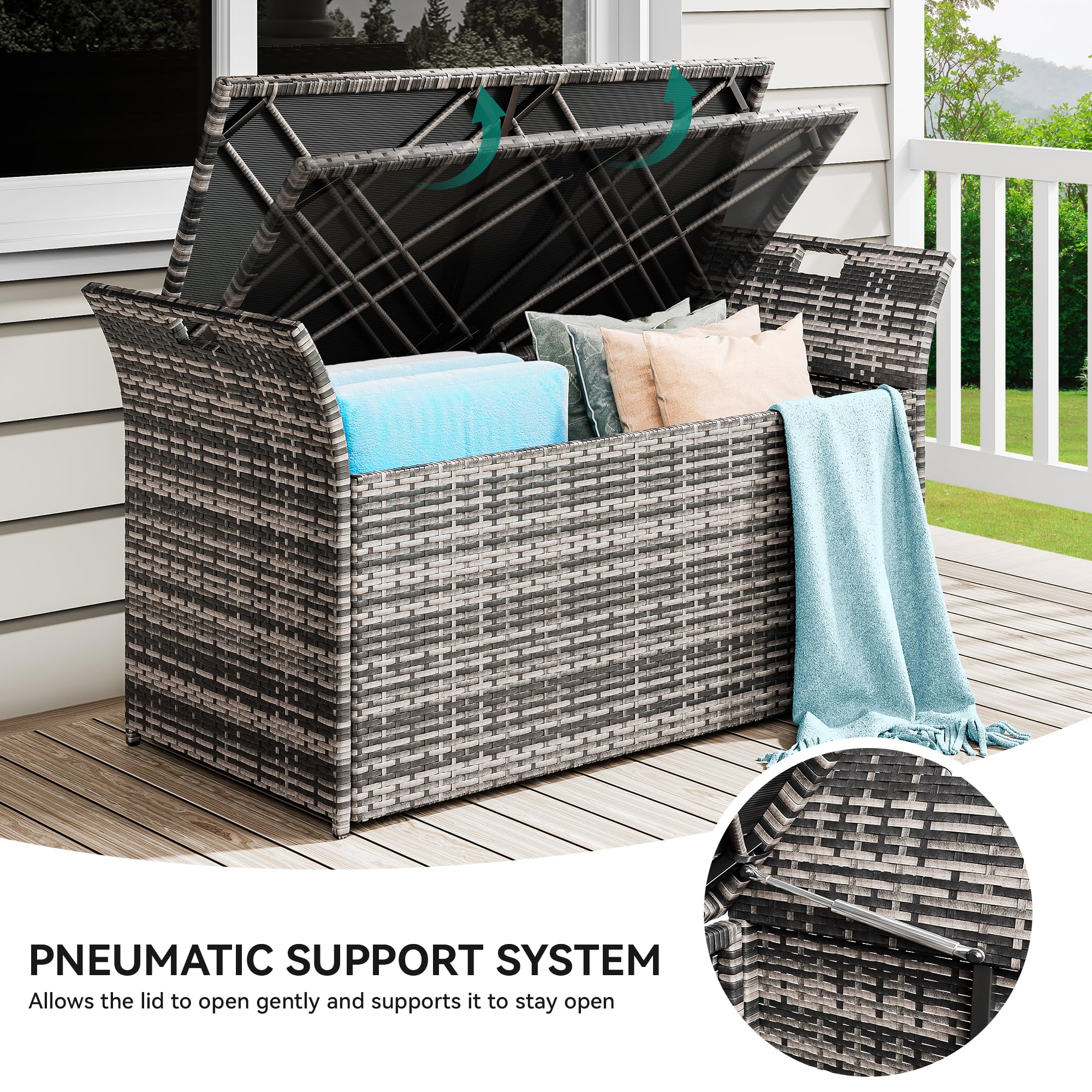 YITAHOME 90 Gallon Outdoor Wicker Storage Bench with Cushion - Large PE Rattan Deck Box with Handles & Hydraulic Lid - Perfect for Patio Furniture Storage, Garden Tools, Pool Accessories & Sports Equipment (Gray) - Ideal for Backyard, Deck, Poolside & Outdoor Organization