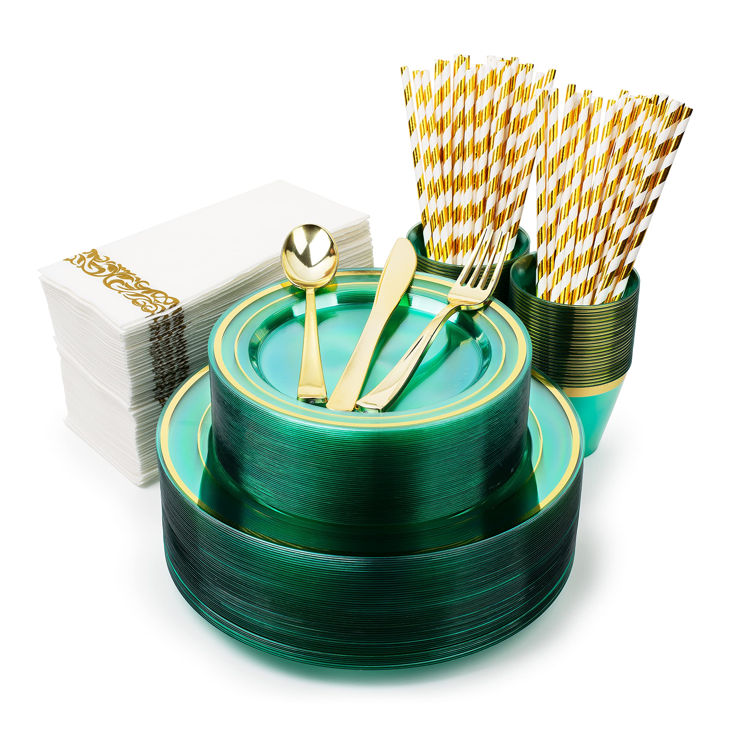 400-Piece Mint Green Disposable Plastic Plates Set for 50 Guests - Heavy Duty Dinner Plates, Fancy Dessert Plates, Gold/Silver Cutlery, Cups, Napkins & Straws - Perfect for Weddings, St. Patrick's Day, Easter & Party Events