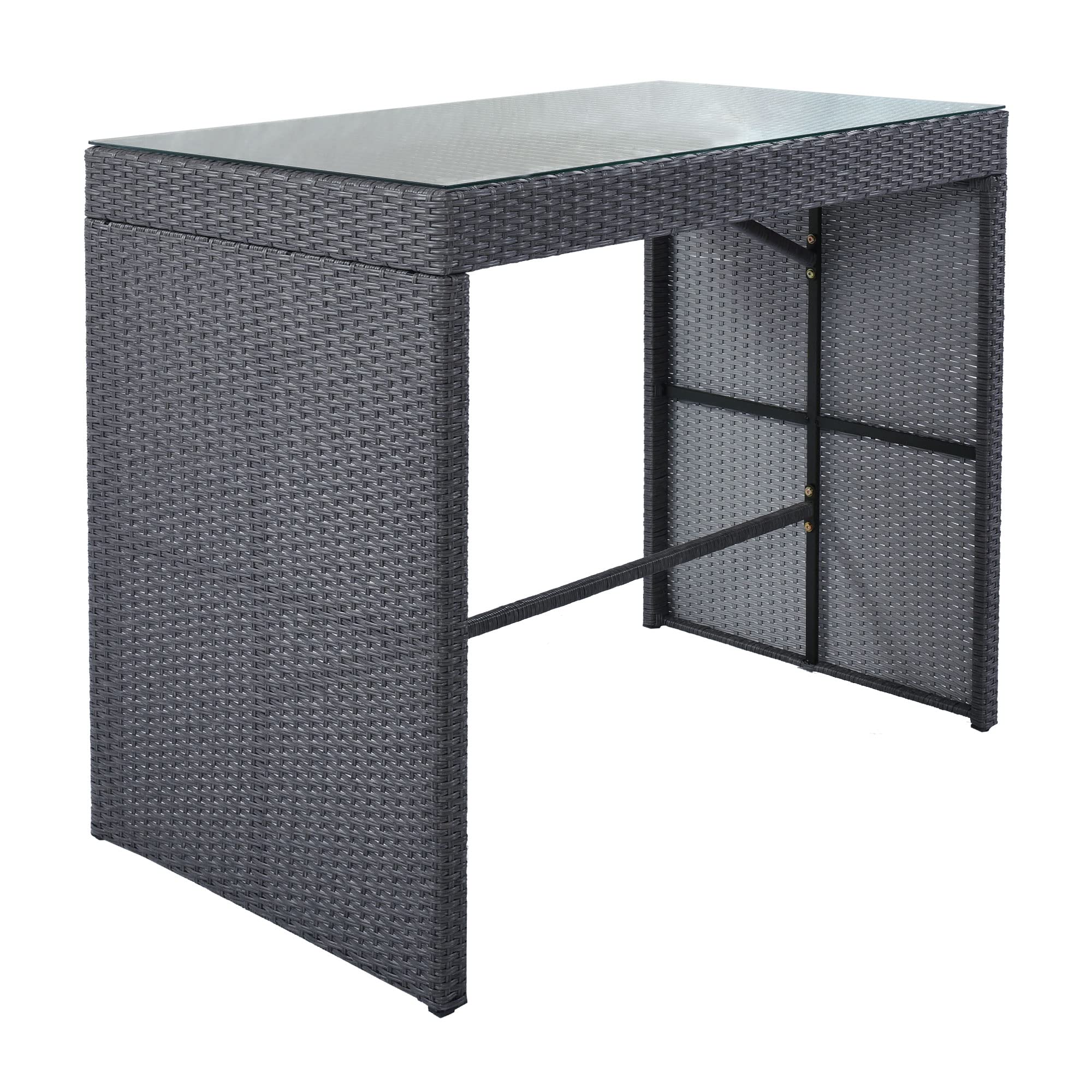 5-Piece Rattan Outdoor Patio Furniture Set with 4 Stools & Gray Cushions - Wicker Bar Dining Table for Backyard, Garden, Poolside or Balcony