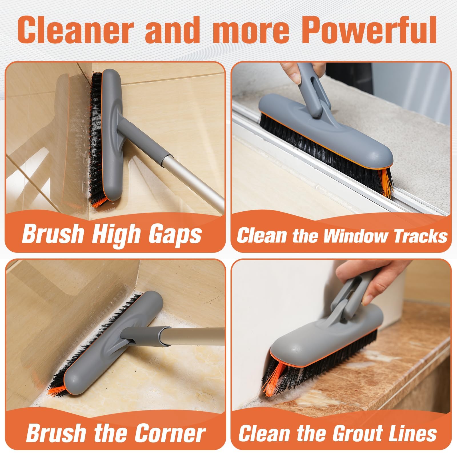 Eazer Grout Brush with Long Handle - 180° Rotating Tile Grout Cleaner, V-Shape Shower Scrubber with Stiff Bristles for Bathroom, Wall, Baseboard & Floor Cleaning - 53 Inch - Perfect for Deep Cleaning Tiles, Showers, and Hard-to-Reach Areas