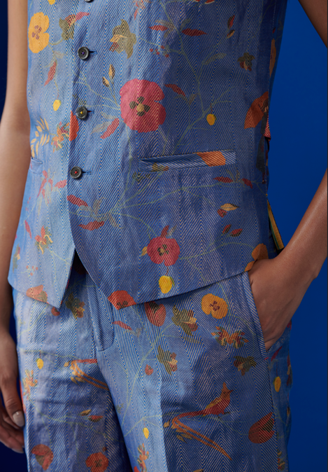 Elegant Silk Brocade Vest Coat in Cobalt Blue - Perfect for Formal Events, Weddings & Special Occasions