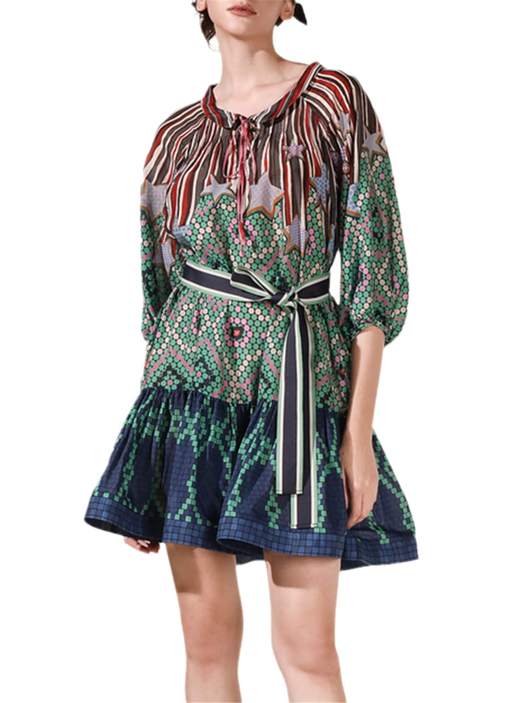 Vintage Women's Summer Dress - Crew Neck, Long Lantern Sleeves, Tie Print Colorblock Flowy Dress for Beach, Party & Casual Outings