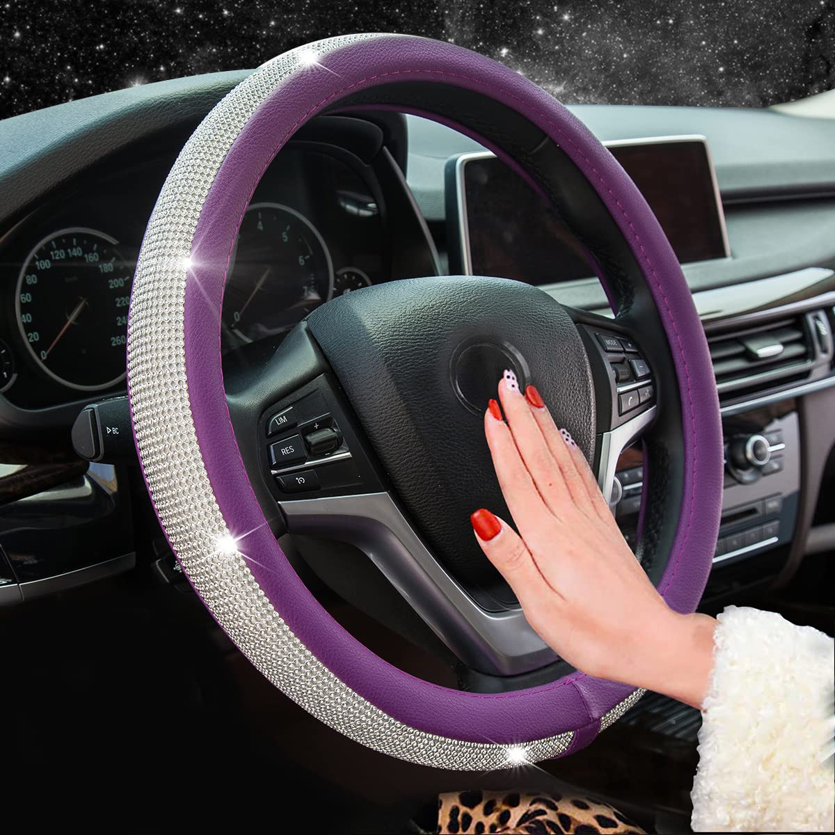 Diamond Rhinestone Leather Steering Wheel Cover - Universal 15 Inch Fit, Bling Bling Crystal Design for Women & Girls (Purple) - Luxury Car Accessory for Daily Driving & Gift Giving
