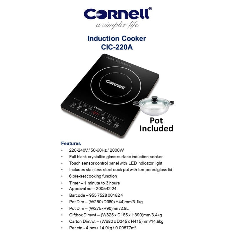 Cornell 2000W Induction Cooktop CIC220A - Fast Heating, Energy Efficient, Portable Electric Stove for Home, Kitchen, Camping & Dorm Cooking