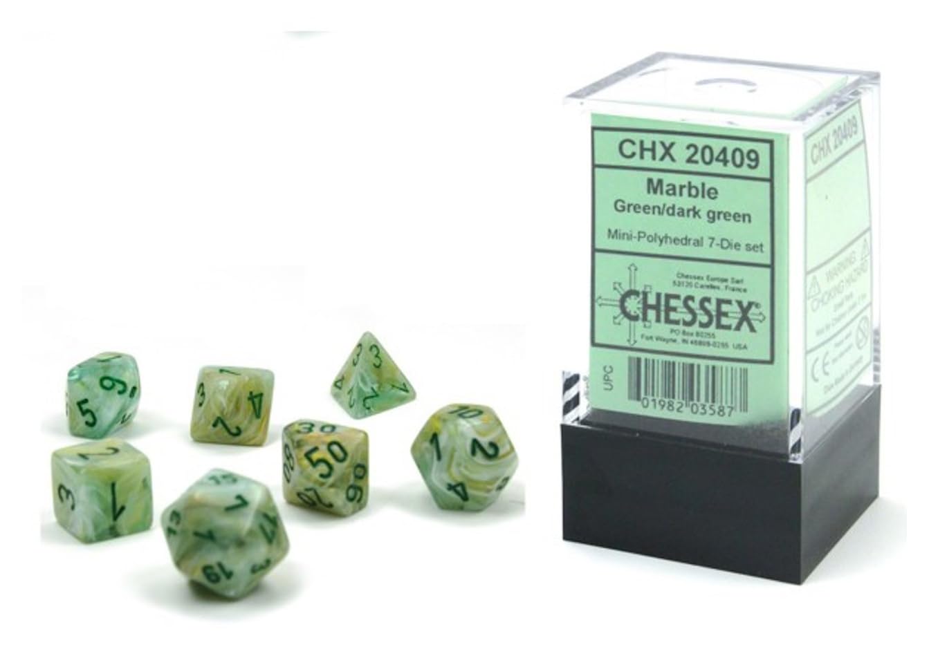 Chessex Polyhedral Dice Set - 10mm Marble Green & Dark Green Plastic RPG Dice for Dungeons & Dragons, D&D, TTRPG - Complete 7-Piece Set (D4, D6, D8, D10, D12, D20, D%) - Perfect for Tabletop Gaming, Role-Playing Adventures & Board Games (CHX20409)
