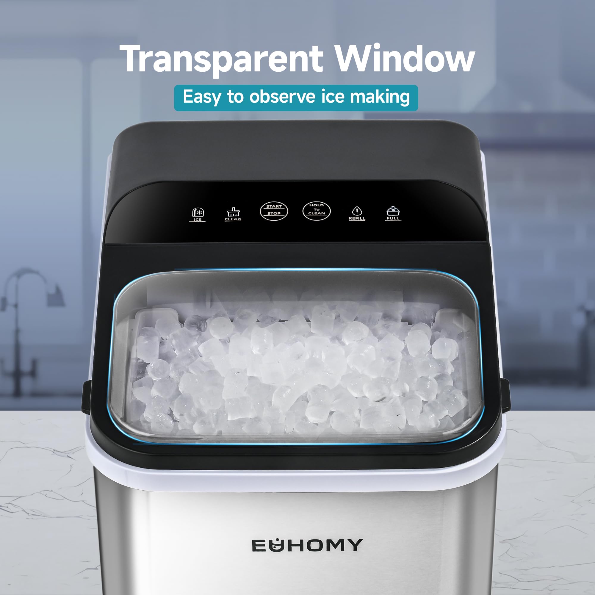EUHOMY Countertop Nugget Ice Maker - 35lbs/24H, 8-Minute Fast Ice Production, Self-Cleaning Portable Ice Machine with Scoop & Basket - Chewable Pellet Ice for Home, Office, Parties, RV, Camping & Outdoor Adventures