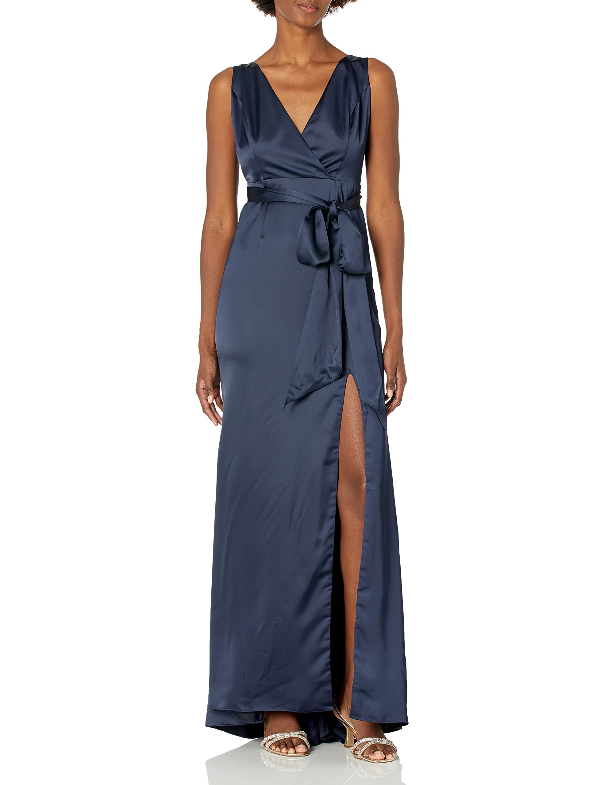 Adrianna Papell Women's Sleeveless Faux Wrap Cocktail Dress - Light Satin Formal Gown with High Slit for Evening Parties, Weddings & Special Occasions