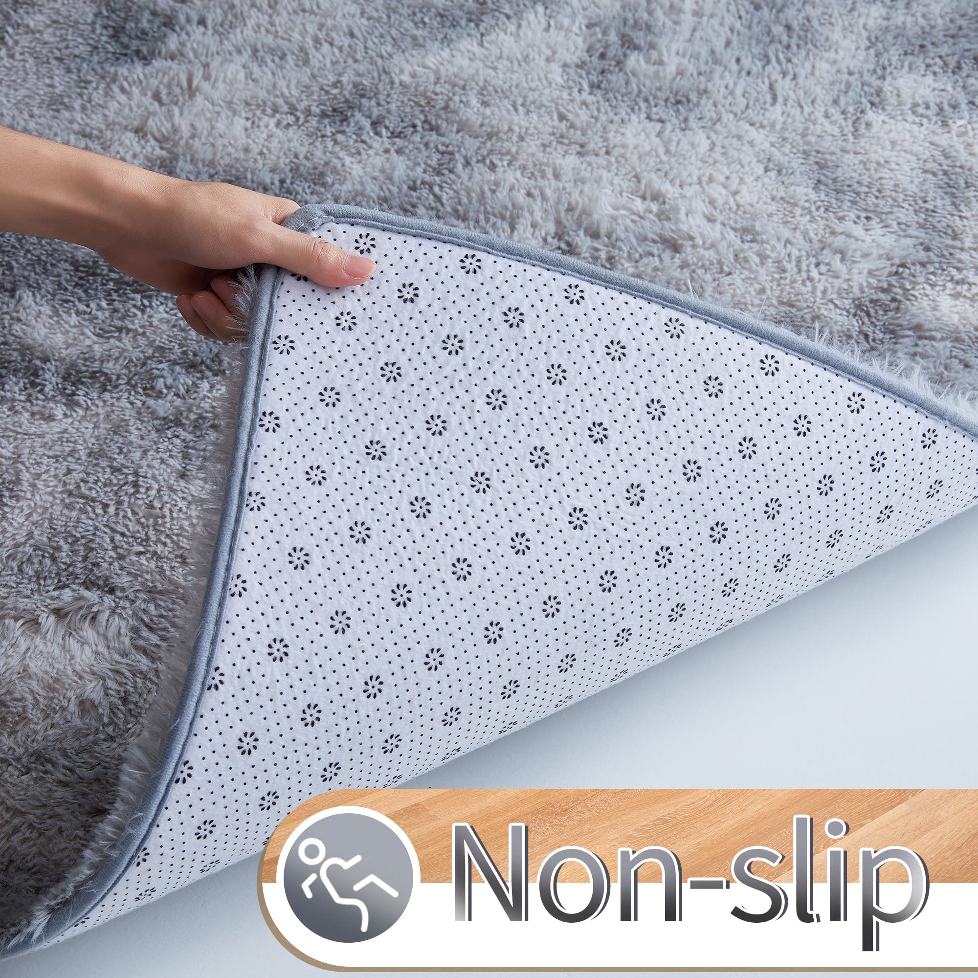 GKLUCKIN Shag Ultra Soft Non-Skid Area Rug 4'X6' - Fluffy Tie-Dyed Light Grey Plush Faux Fur Rug for Living Room, Bedroom, Nursery Decor - Cozy Kids Playroom Carpet - Perfect for Family Rooms, Dorm Decor & Pet-Friendly Spaces