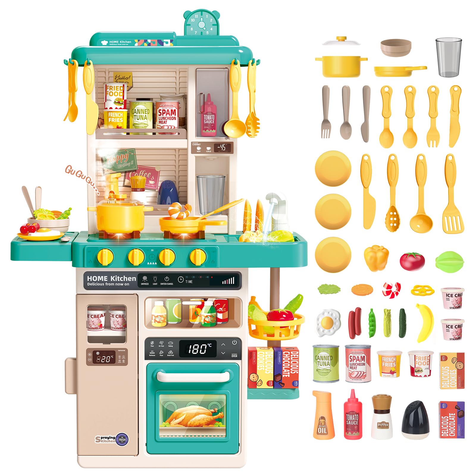 **deAO 50PCS Kids Play Kitchen Set with Sounds, Lights & Steam - Pretend Cooking Toy for Boys & Girls Ages 2-12 - Perfect Birthday & Christmas Gift for Toddlers - Fun Role-Playing for Home & Preschool Learning**