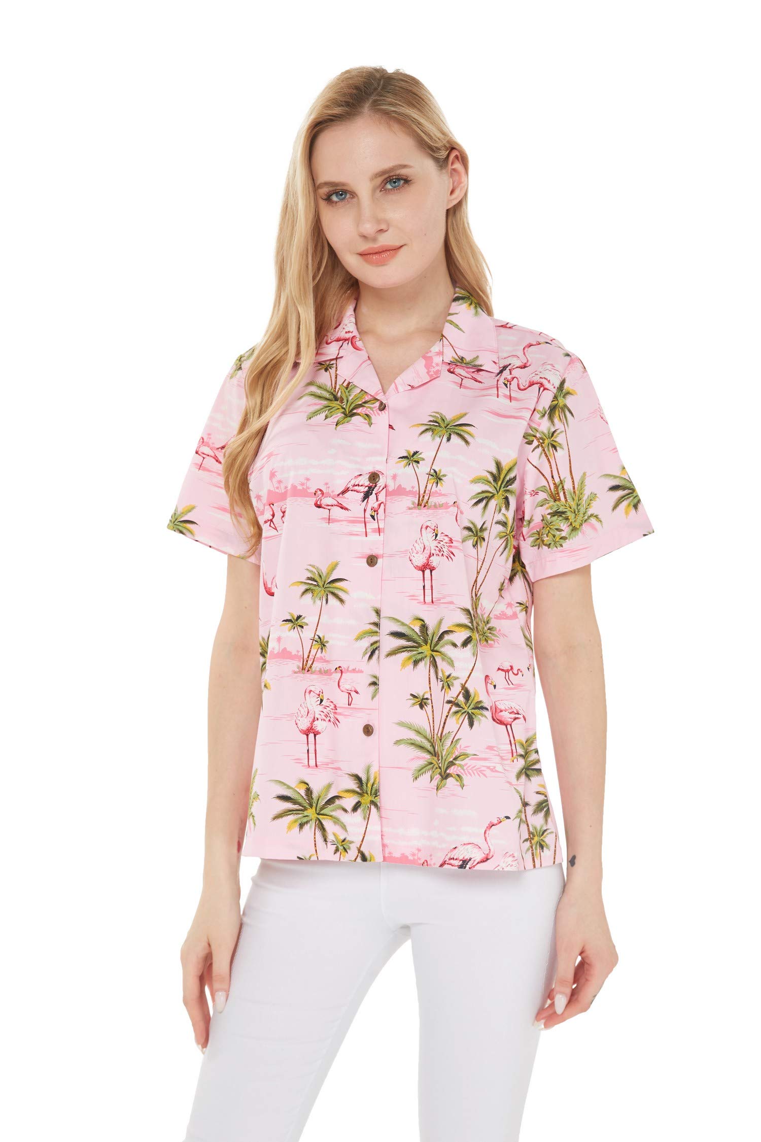 Hawaiian Couple Matching Aloha Shirts - Pink Flamingo Print Turquoise Luau Shirts for Him & Her | Beach Vacation, Summer Party, Hawaiian Theme Wedding Attire