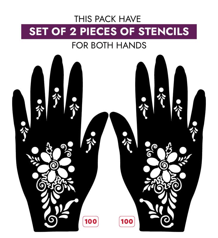 APCUTE Henna Tattoo Stencil Kit - 2-Piece Mehndi Design Set for Hands (Pattern A100) | DIY Body Art for Women & Girls | Perfect for Weddings, Festivals & Special Occasions