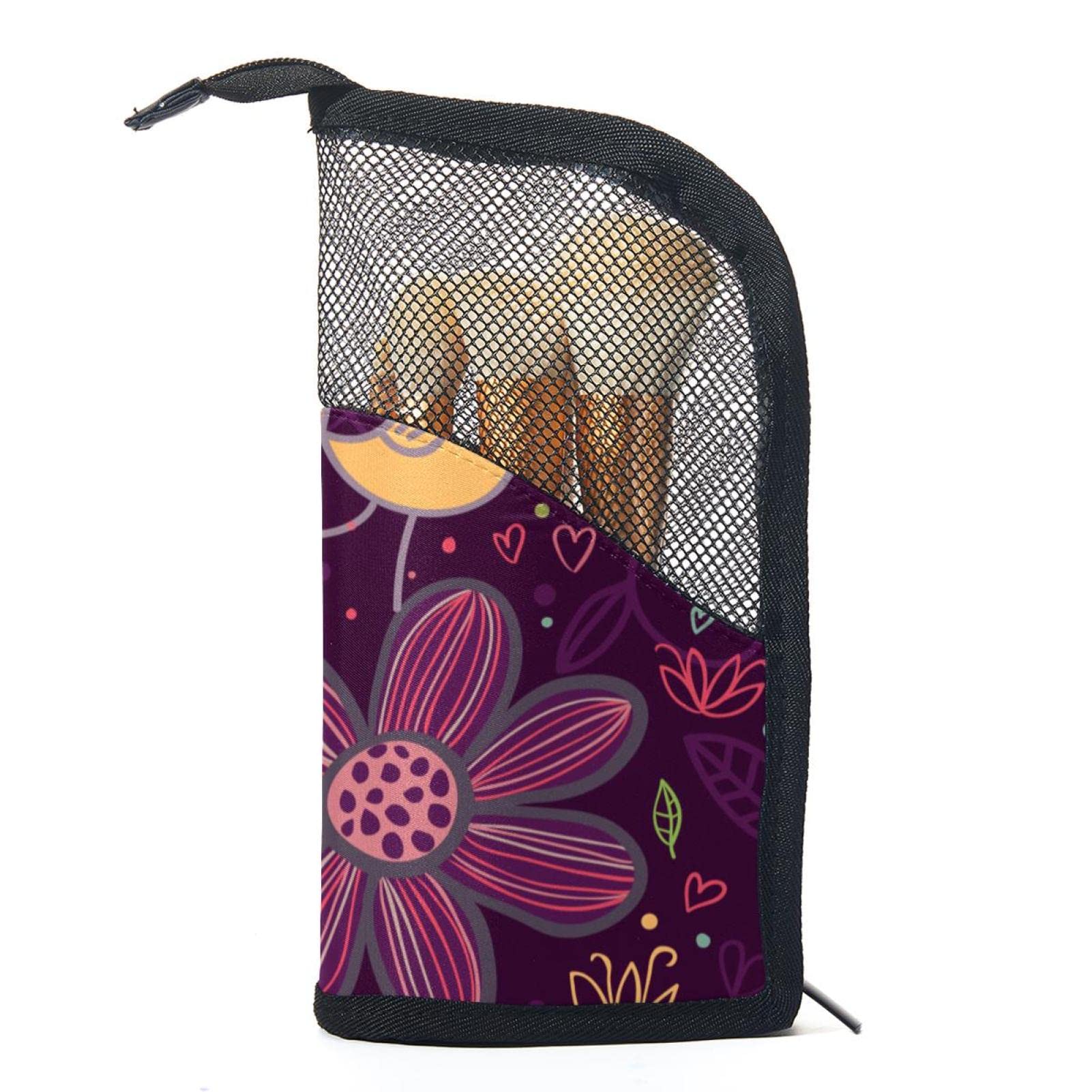 12-Piece Makeup Brush Organizer Bag with Purple Floral Design - Portable Travel Cosmetic Brush Holder Case for Professional & Home Use