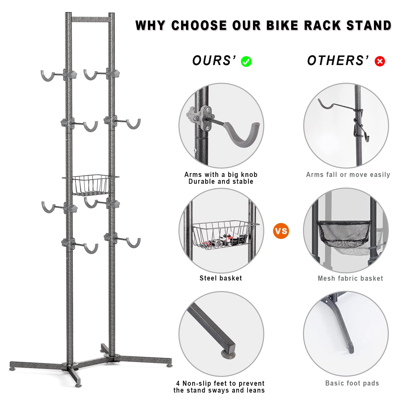 CXWXC 2/4 Bike Storage Rack with Basket - Space Saving Indoor Bike Stand for Garage, Apartment & Home - Holds Road, Mountain & Hybrid Bicycles - Perfect for Small Spaces & Organized Storage
