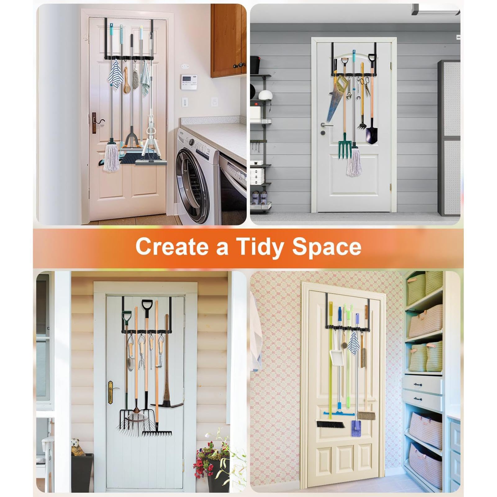 Wall Mounted Broom Holder - No Drill Mop Hanger for Kitchen, Bathroom, Home & Office | Space Saving Storage Organizer for Brooms, Mops & Cleaning Tools