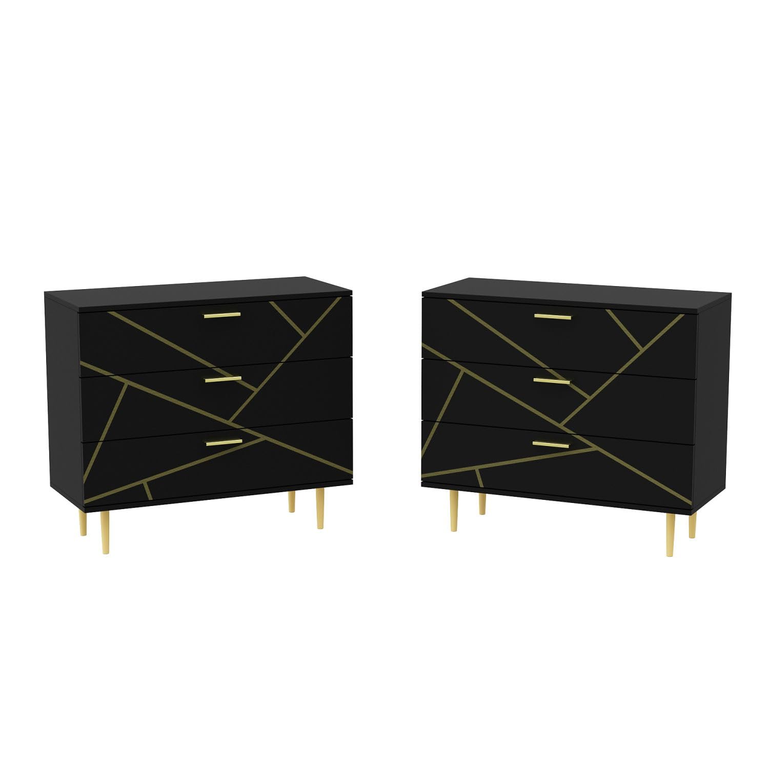 DiDuGo Modern Nightstand Set of 2 - Black & Gold Bedside Tables with 3 Drawers, Metal Legs for Bedroom - 32.6