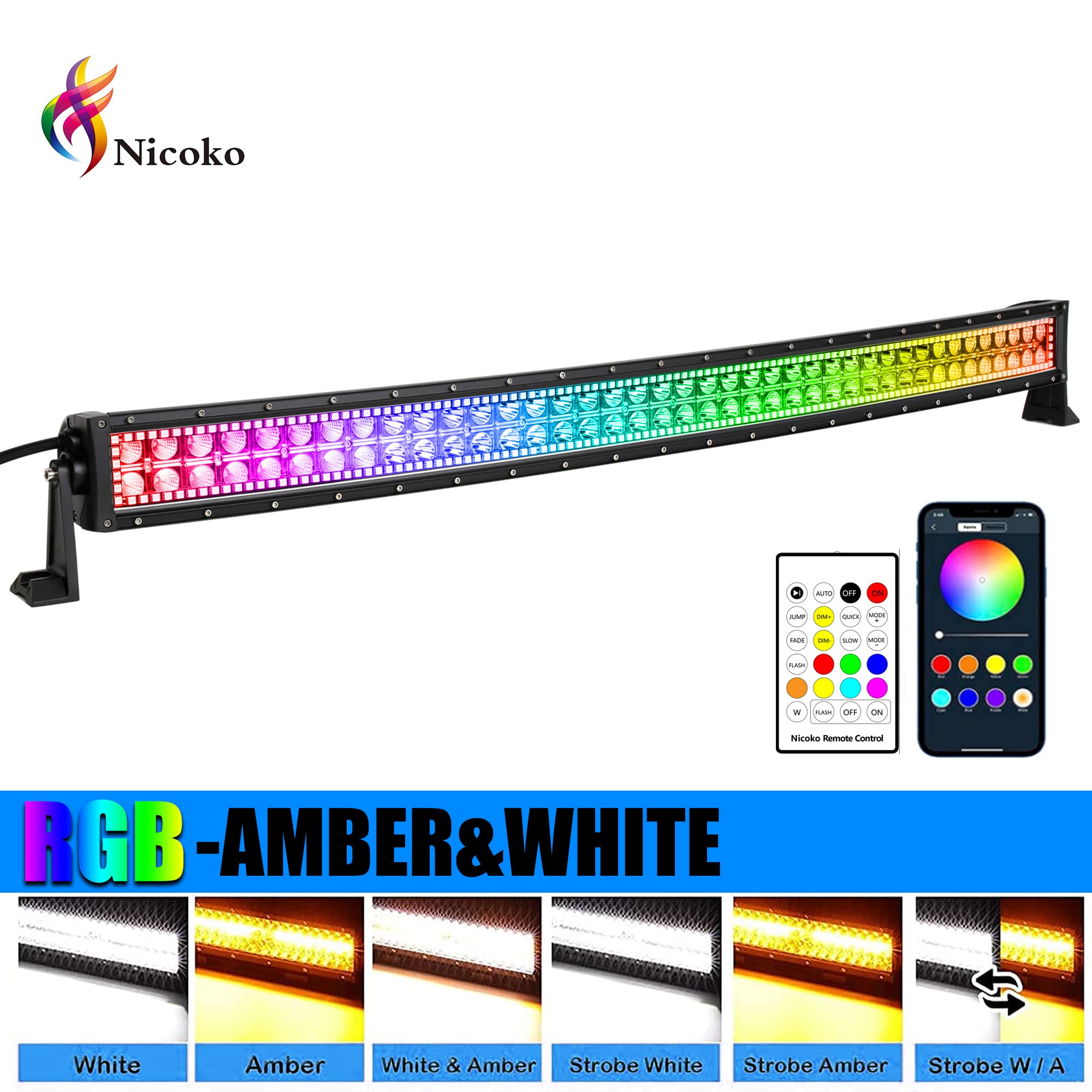 Nicoko 240W 42 Inch Curved White Amber LED Light Bar with RGB Halo Ring - Waterproof Off-Road Roof Bumper Fog Lights for Jeep Wrangler, Truck, SUV - Perfect for Night Driving, Off-Roading, and Adventure