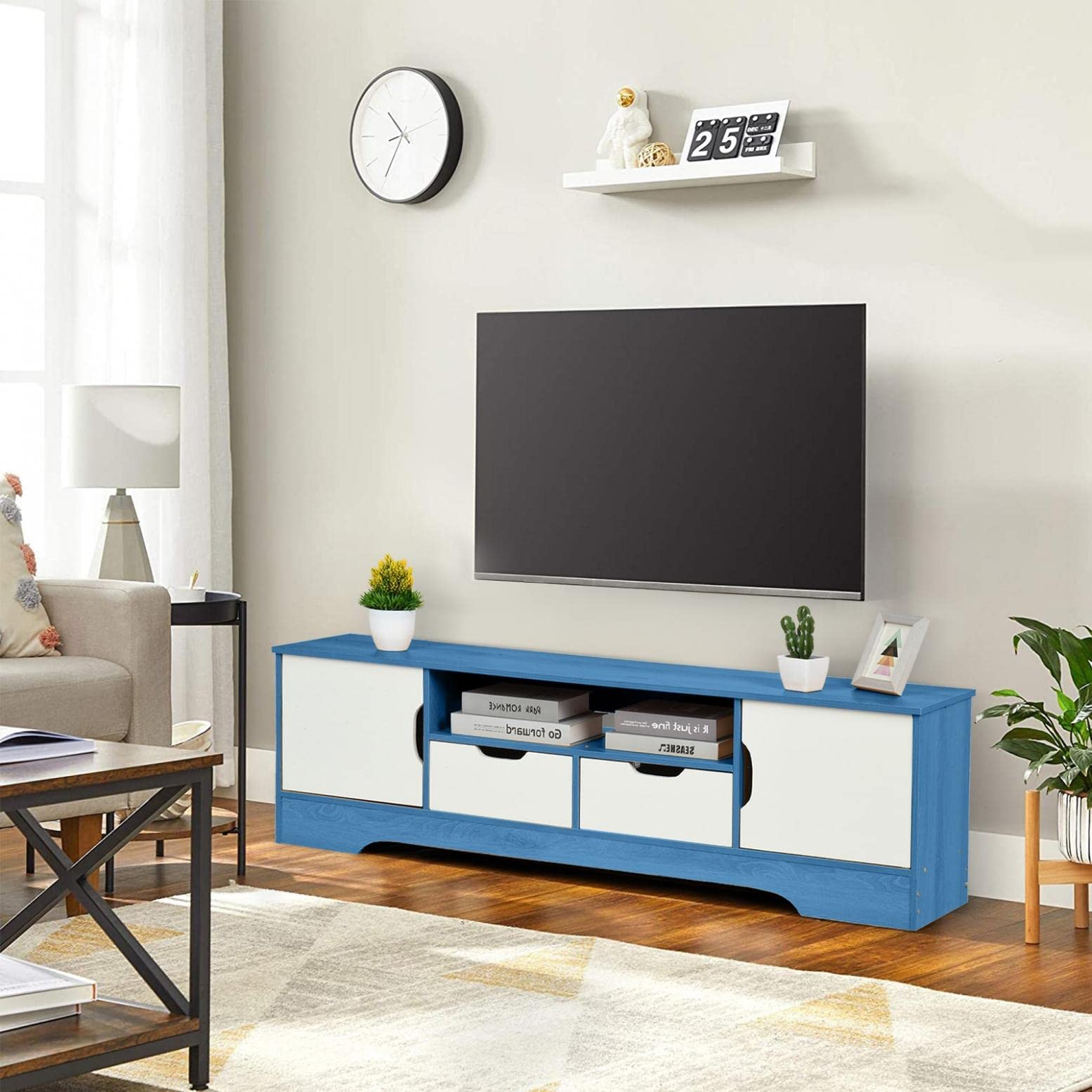 Deepclaoto Universal TV Stand for 55 Inch TVs - Blue Entertainment Center with 2 Drawers & Storage Cabinet, Sturdy TV Console Table for Living Room & Bedroom - Perfect for Organizing Media Devices & Home Decor