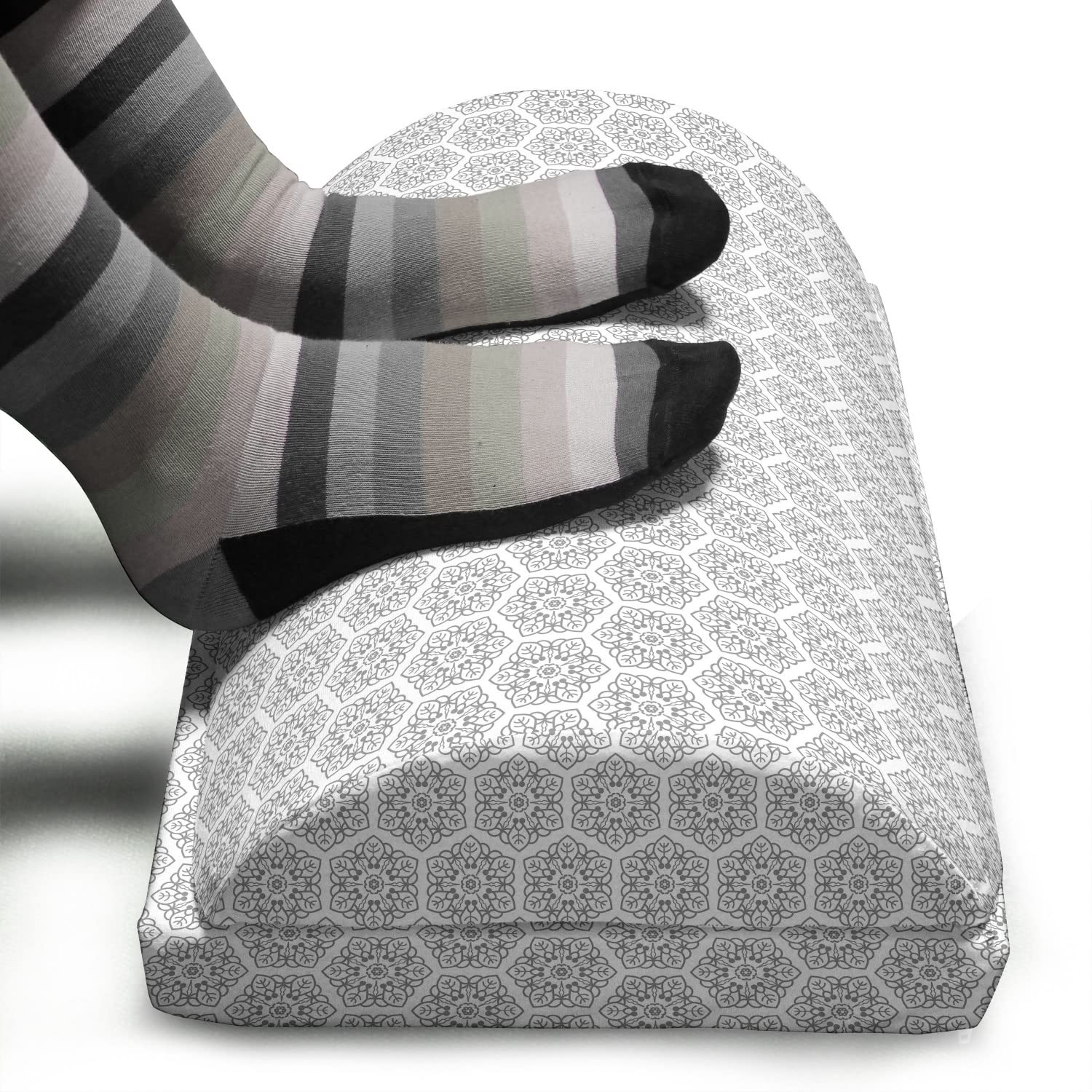 Ambesonne Floral Foot Rest with Non-Slip Backing - Adjustable Ergonomic Memory Foam Leg Support for Office & Home - Grey and White Intricate Floral Pattern - Perfect for Work, Reading & Relaxation