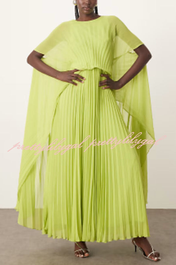 Spring Whispers Chiffon Pleated Wide Sleeve Volume Maxi Dress | Flowy Elegant Long Dress for Women | Perfect for Weddings, Parties & Summer Vacations
