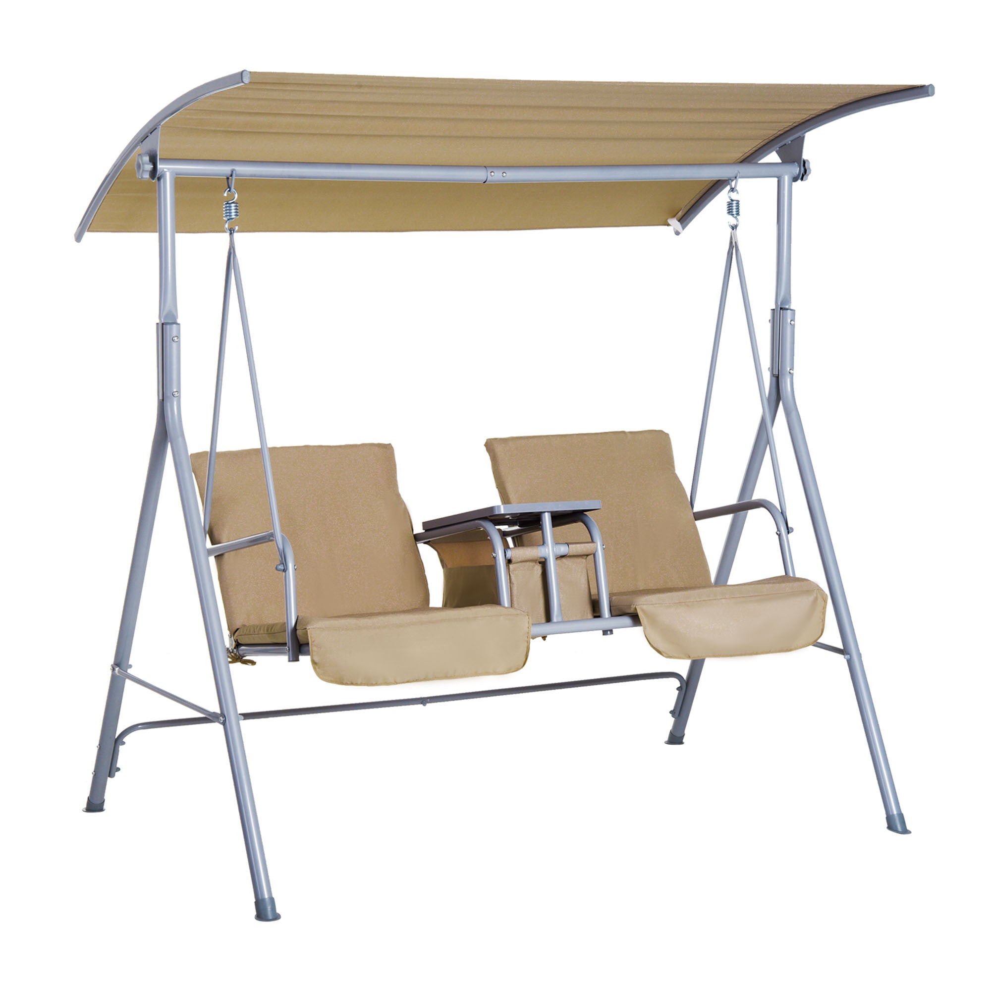 2 Person Porch Swing with Stand - Outdoor Canopy Swing with Pivot Table & 2 Cup Holders - Patio, Backyard, Garden Hanging Chair with Cushions (Beige) - Perfect for Relaxing, Reading & Enjoying Summer Breezes