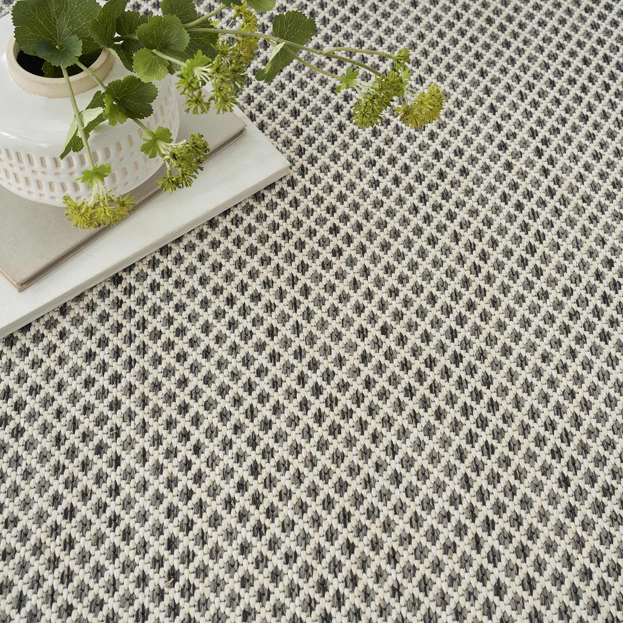 Nourison Courtyard 7' x 10' Indoor/Outdoor Area Rug - Ivory & Charcoal Geometric Design, Non-Shedding & Easy Clean - Perfect for Bedroom, Living Room, Dining Room, Deck, Patio & Backyard (7x10)