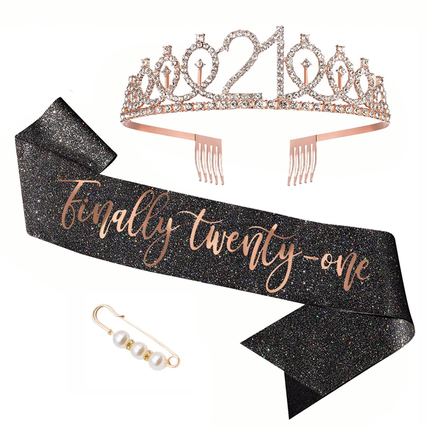 21st Birthday Sash & Tiara Set - Rose Gold Crown & Sash for Women's 21st Birthday Party | Perfect for 21st Birthday Celebrations, Bachelorette Parties & Girls Night Out