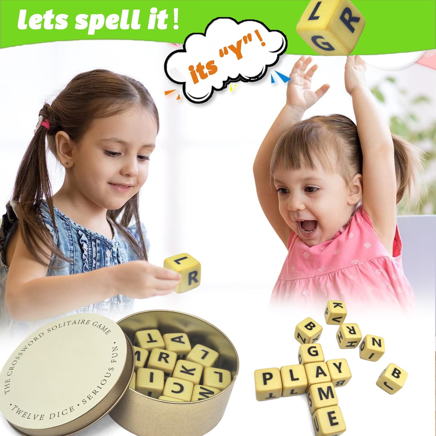2PC Crossword Solitaire Dice Game - 12 Letter Dice Set with Travel Case | Fun Word Building Game for Kids & Adults | Perfect for Family Game Night, Travel Entertainment & Classroom Learning