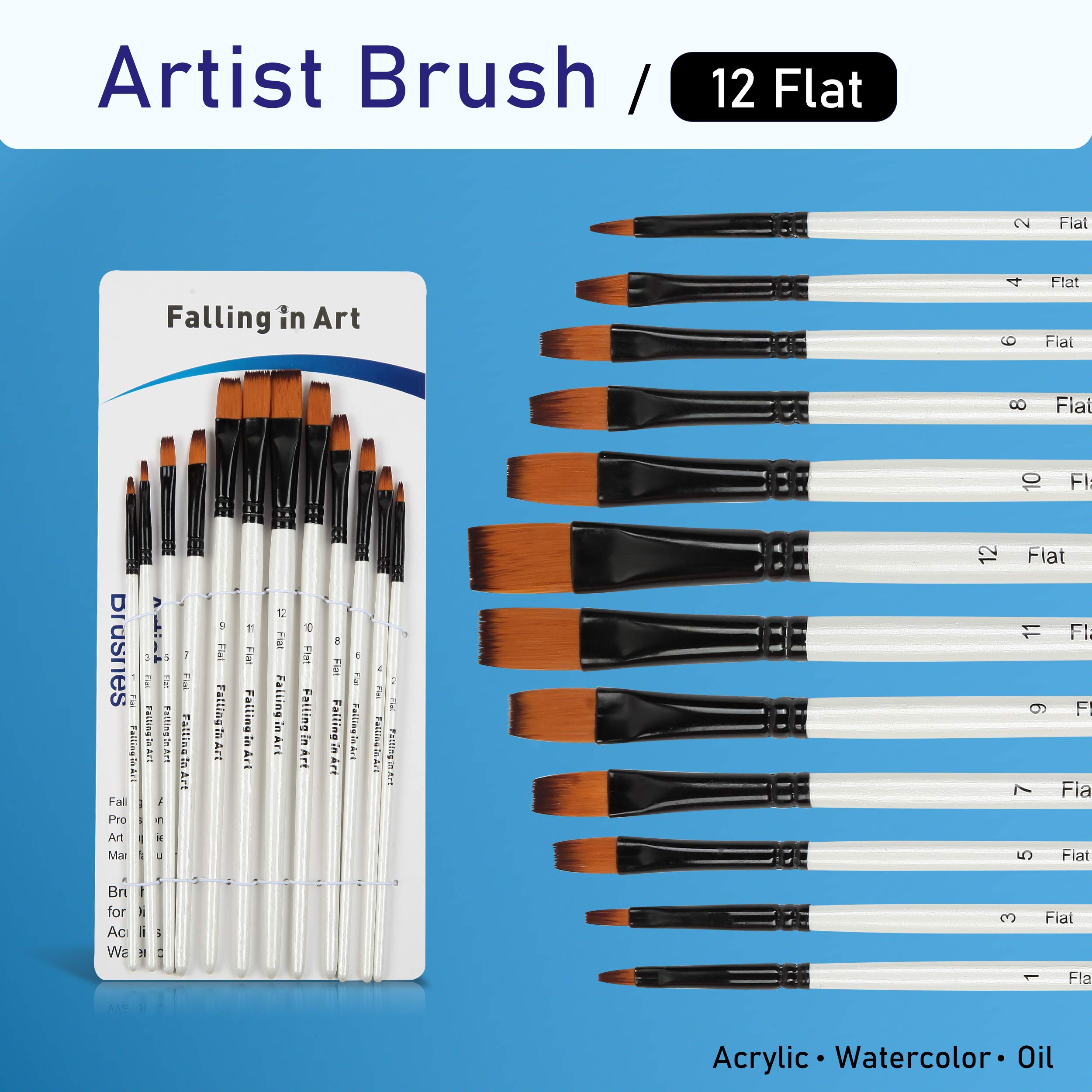 Premium 12-Piece Nylon Paint Brush Set for Watercolor, Oil, Acrylic Painting - Professional Flat Brushes for Artists, Face/Body/Nail Art, Crafts & Rock Painting - Ideal for Beginners & Professionals