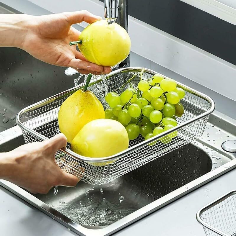 Stainless Steel Over The Sink Kitchen Drainer Basket - Oval Colander Strainer with Fine Mesh & Handle for Washing Fruits Vegetables | Perfect for Kitchen Storage, Dish Drying & Food Prep Organizer