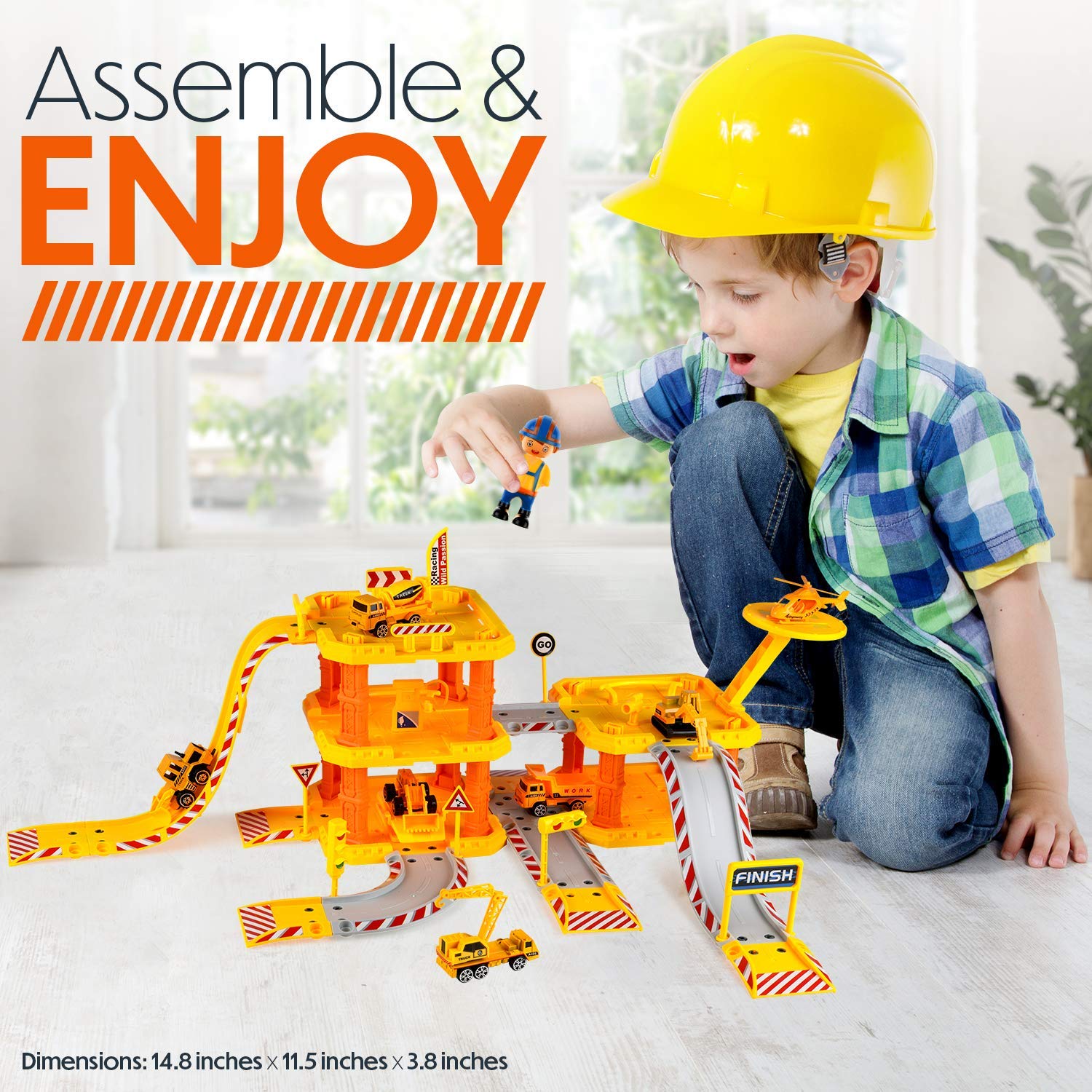 Toysical Construction Playset - Complete Parking Garage Toy with Vehicles, Helicopter, Mini Figures & Road Tracks - STEM Learning Building Toys for Kids Ages 4-6 - Perfect for Pretend Play, Birthday Gifts & Indoor Activities