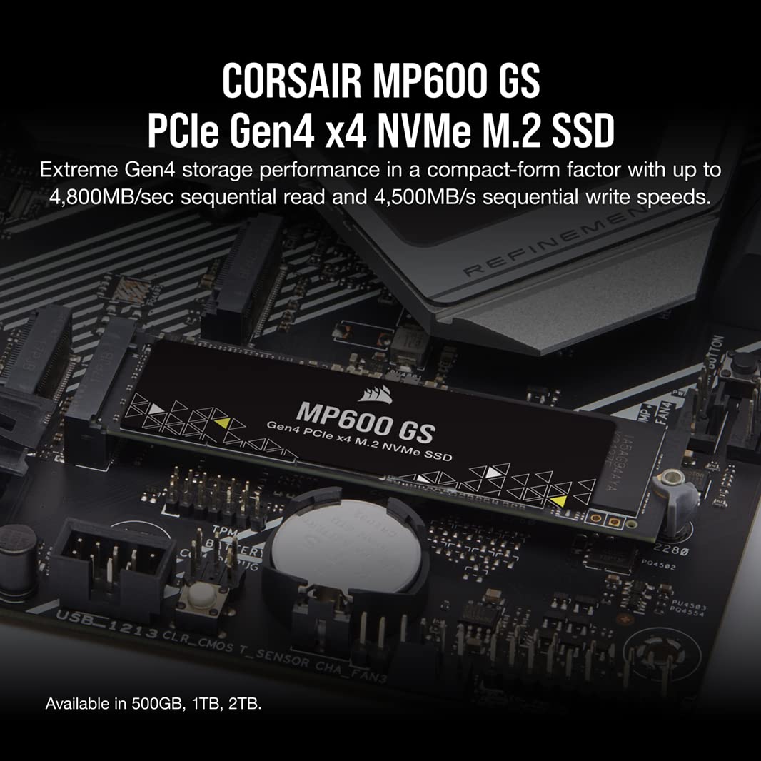 Corsair MP600 GS 1TB PCIe Gen4 x4 NVMe M.2 SSD - High-Speed Gaming SSD with 4800MB/s Read - TLC NAND - M.2 2280 - DirectStorage Ready - Compatible with PS5, Laptops & Desktop PCs - Perfect for Gaming, Video Editing & Workstations