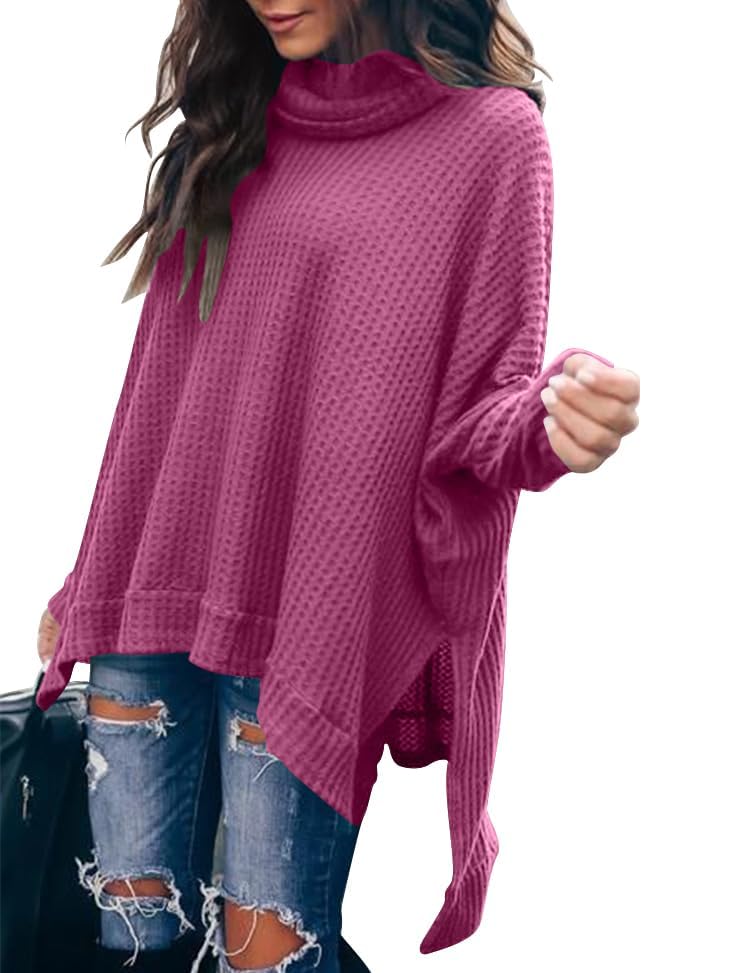 Caracilia Women's Oversized Turtleneck Sweater - Batwing Long Sleeve Waffle Knit Pullover with Split Hem | Cozy Winter Tunic Top for Casual Outfits, Office Wear & Holiday Fashion 2024