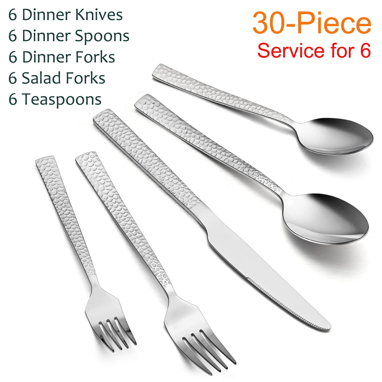 Premium 30-Piece Hammered Stainless Steel Flatware Set for 6 - Modern Square Design Mirror Polished Cutlery Set with Dinner Knives, Forks & Spoons - Dishwasher Safe - Perfect for Formal Dining, Wedding Gifts & Restaurant Use