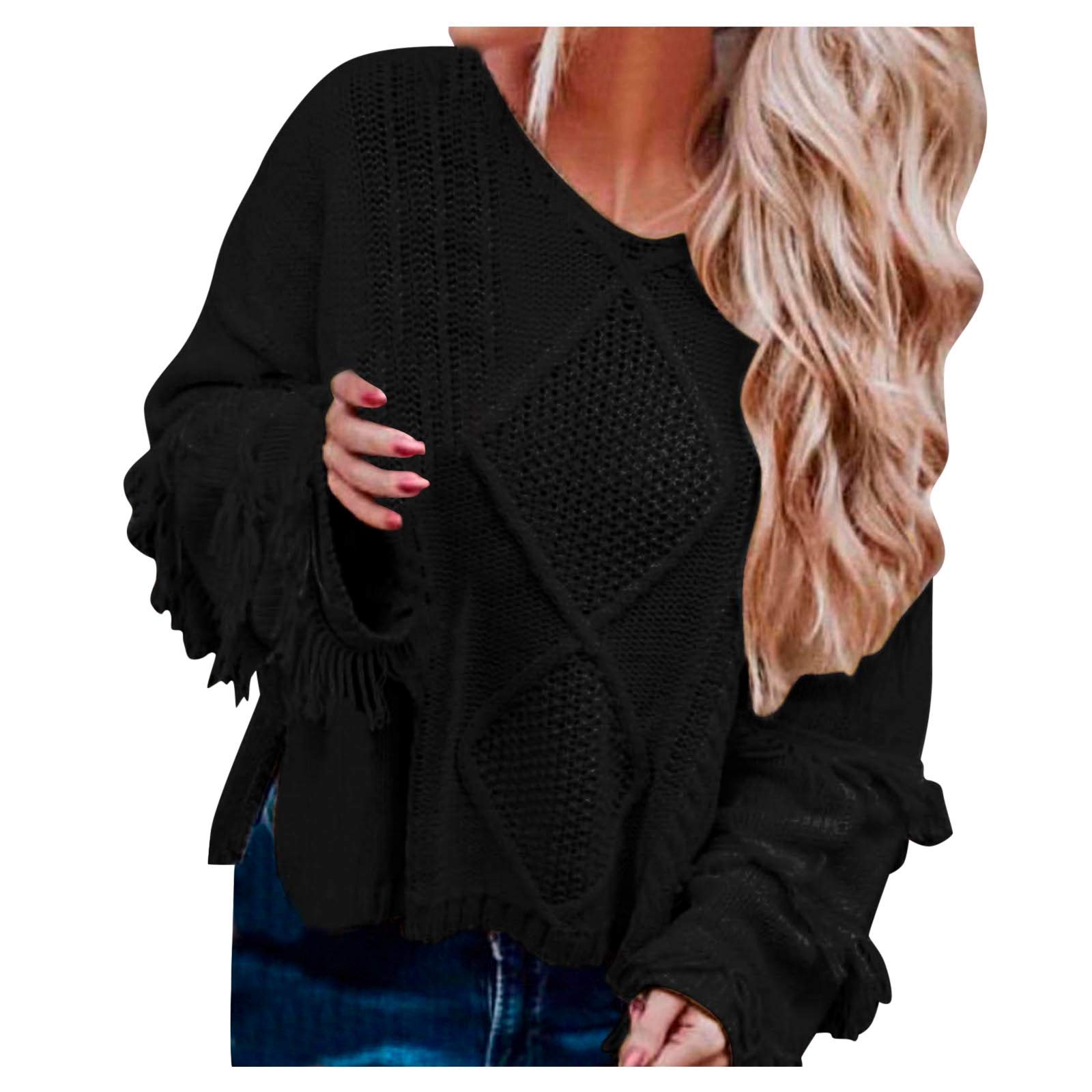 Women's Oversized Tassel Crewneck Sweater - Soft Casual Long Sleeve Knit Pullover for Fall & Winter | Perfect for Office, Date Night & Cozy Weekends