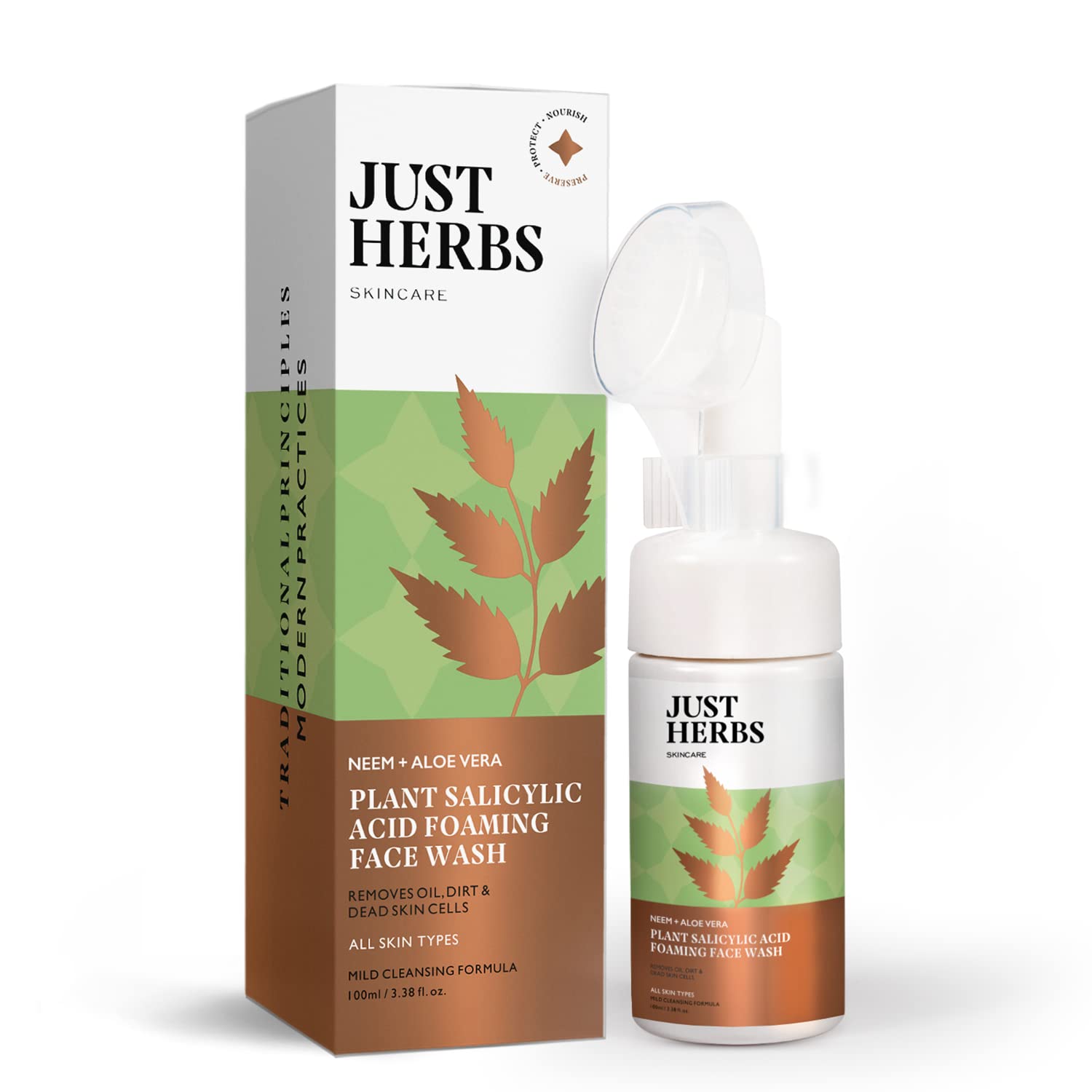 Just Herbs Neem & Aloe Vera Foaming Face Wash with Salicylic Acid - 100ml for Men & Women | Acne Treatment, Oil Control & Deep Cleansing | Perfect for Daily Skincare Routine