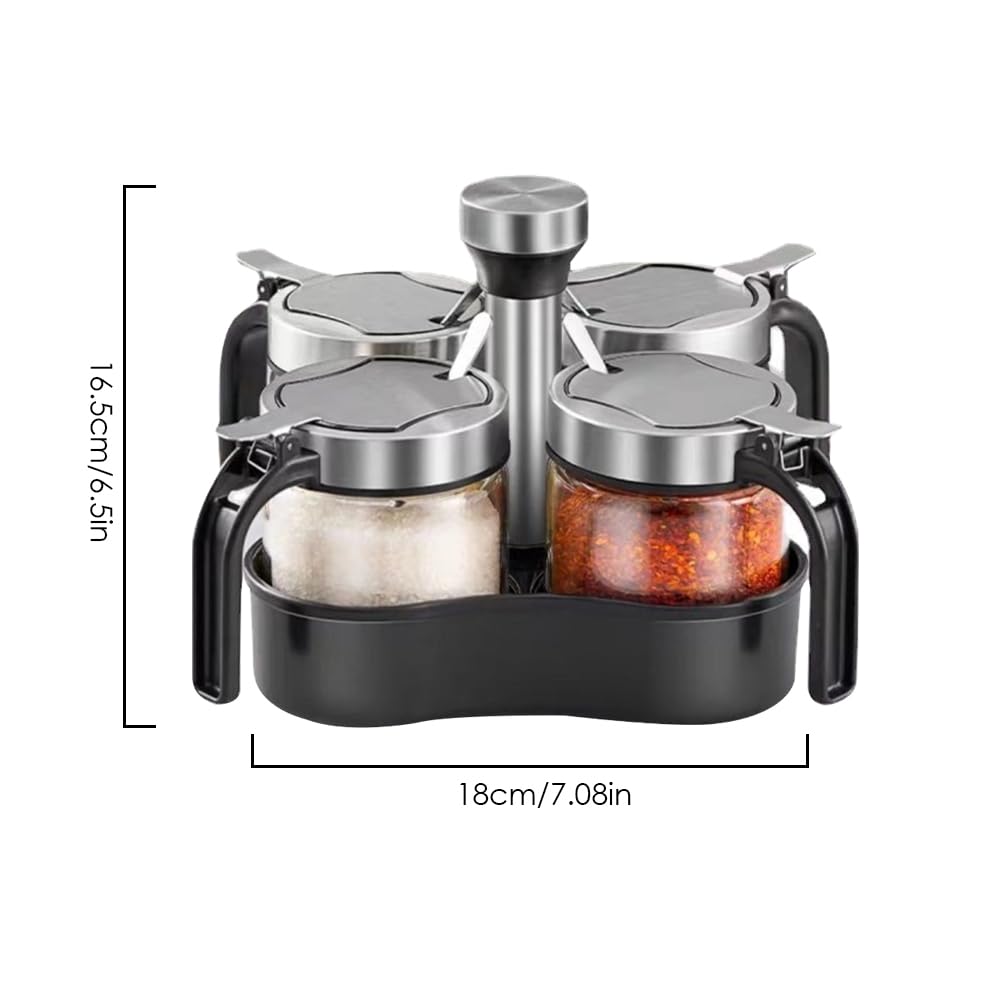 TINMIX 4-Piece Revolving Condiment Set - Sugar Bowl, Salt & Pepper Shakers with Lids & Spoons, 360° Rotating Spice Jar Holder for Kitchen - Perfect for Dining Tables, Restaurants, and Home Cooking