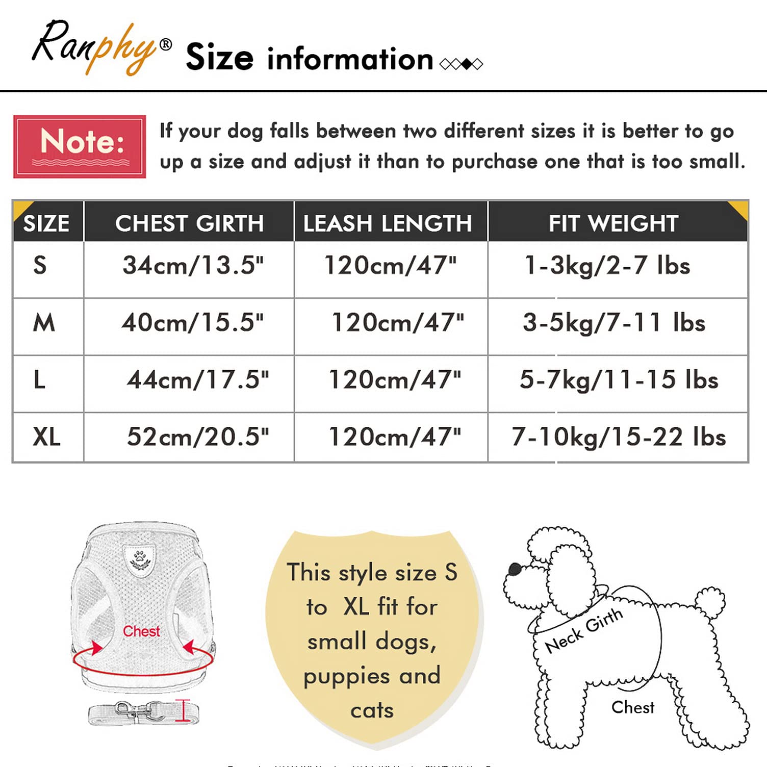 Ranphy Escape Proof Reflective Cat Harness and Leash Set - Adjustable Soft Mesh Padded Vest for Small Dogs - No Pull No Choke Walking Jacket (Size M: 15.5