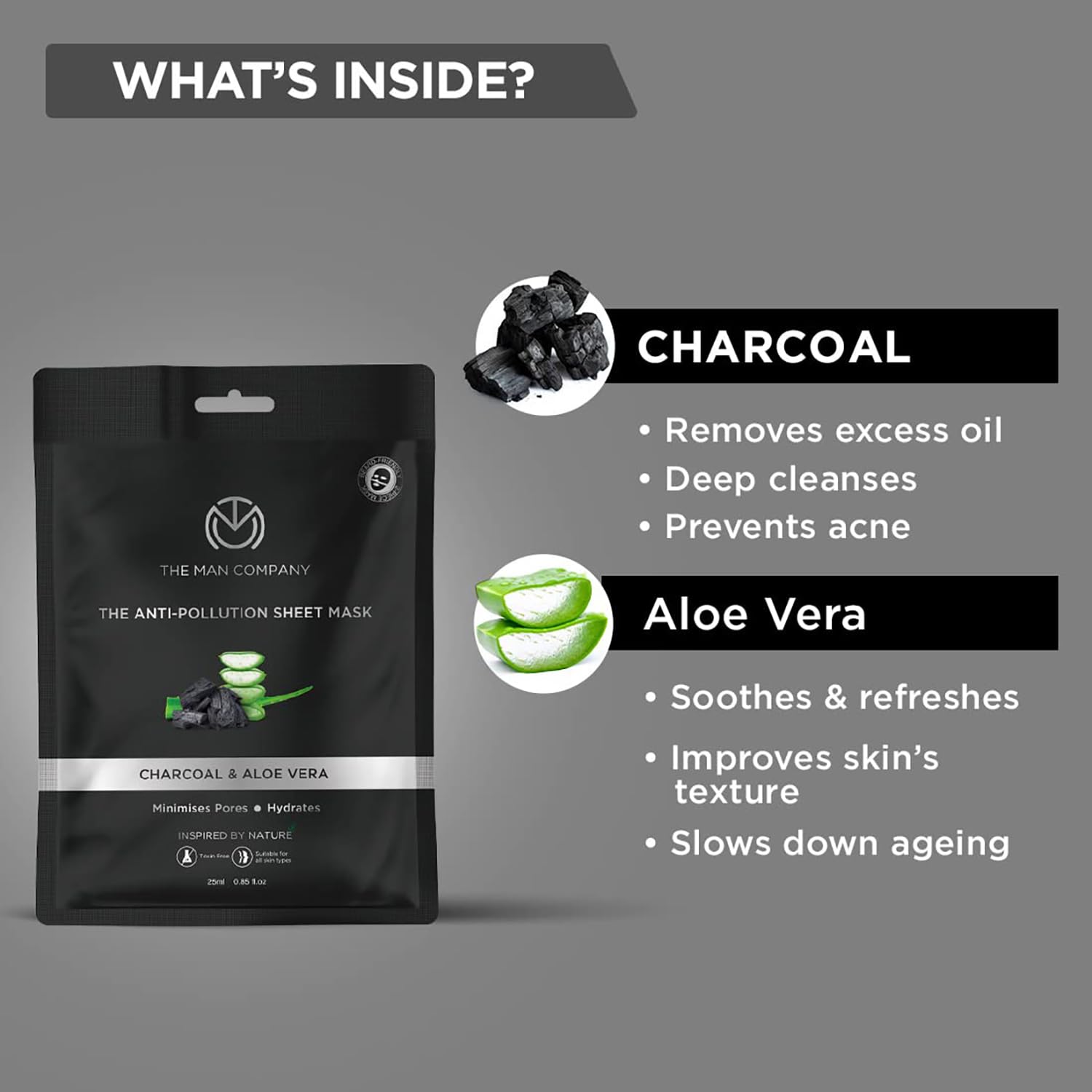 The Man Company Charcoal De-Tan Face Sheet Mask with Aloe Vera & Hyaluronic Acid - 25ml x 2 Pack | Detoxifying & Brightening for Men | Perfect for Post-Sun Care & Skin Rejuvenation